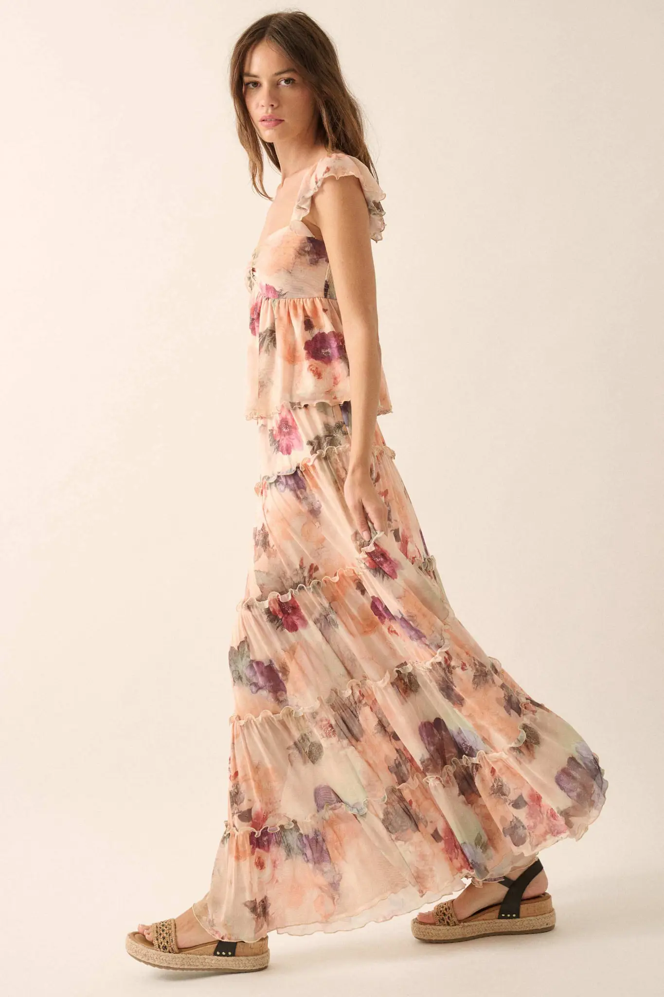 Bashful Blush Floral Mesh Tiered Ruffle Maxi Skirt - Image 6