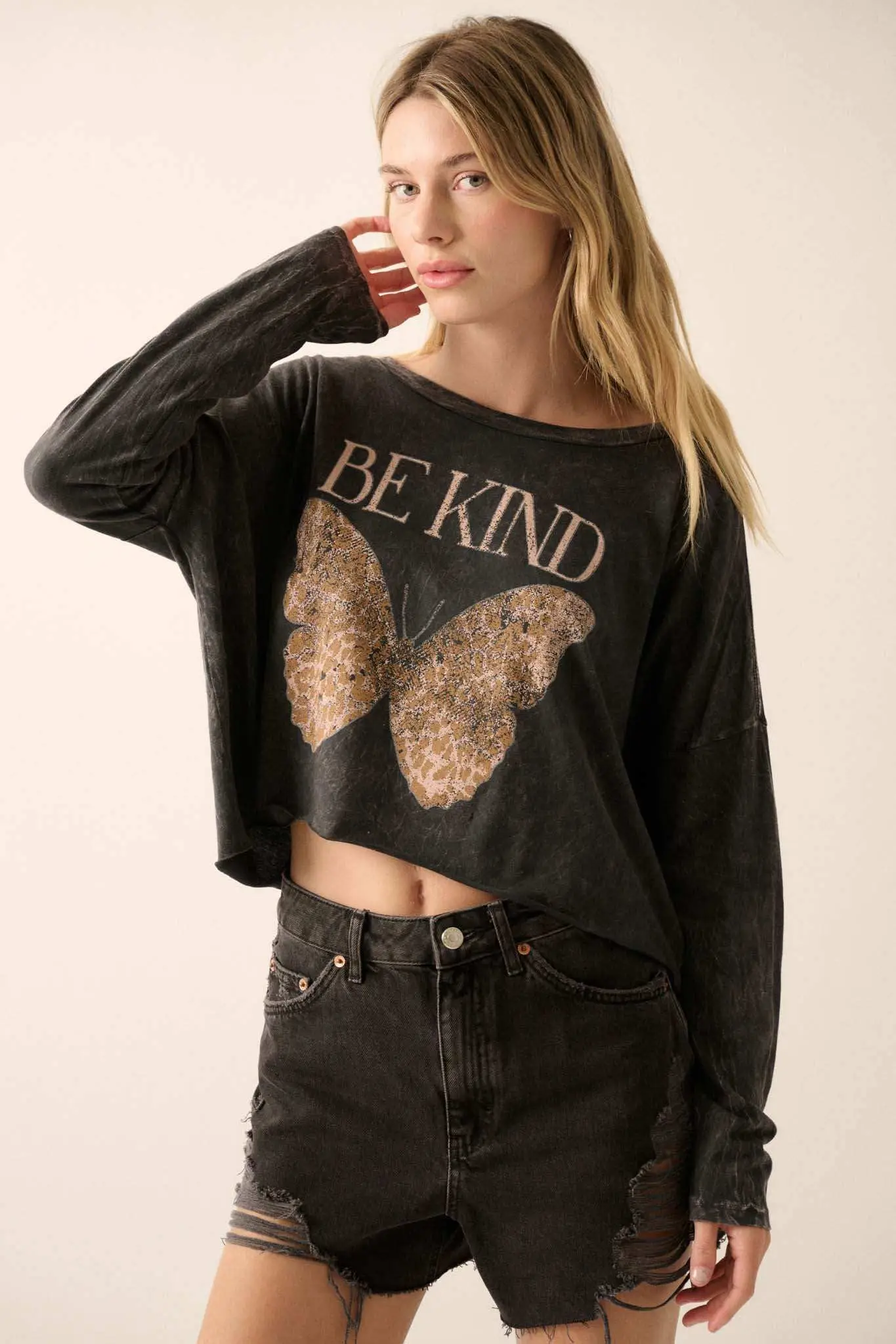 Be Kind Butterfly Cropped Long-Sleeve Graphic Tee - Image 4