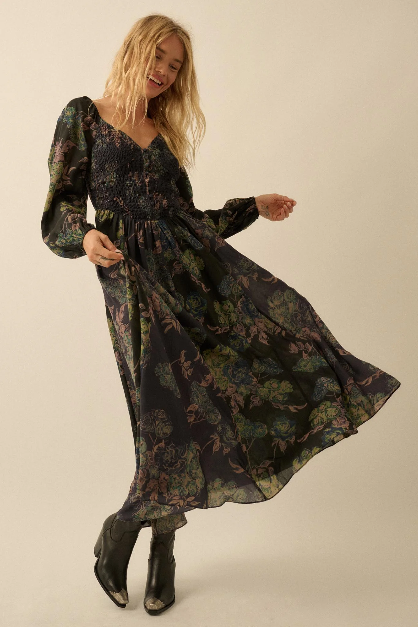 Beautiful Blooms Smocked Floral Maxi Peasant Dress - Image 10