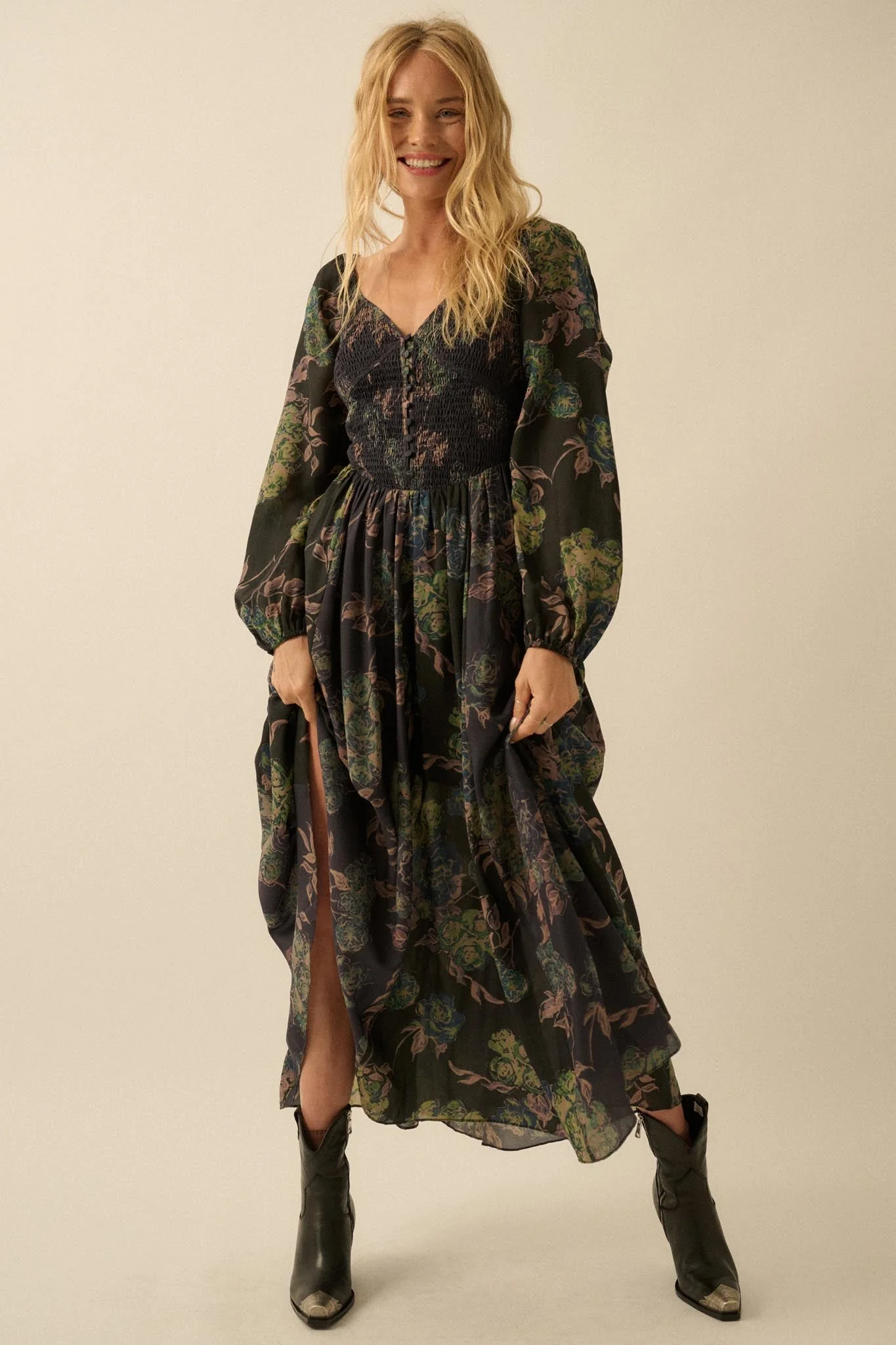 Beautiful Blooms Smocked Floral Maxi Peasant Dress - Image 12