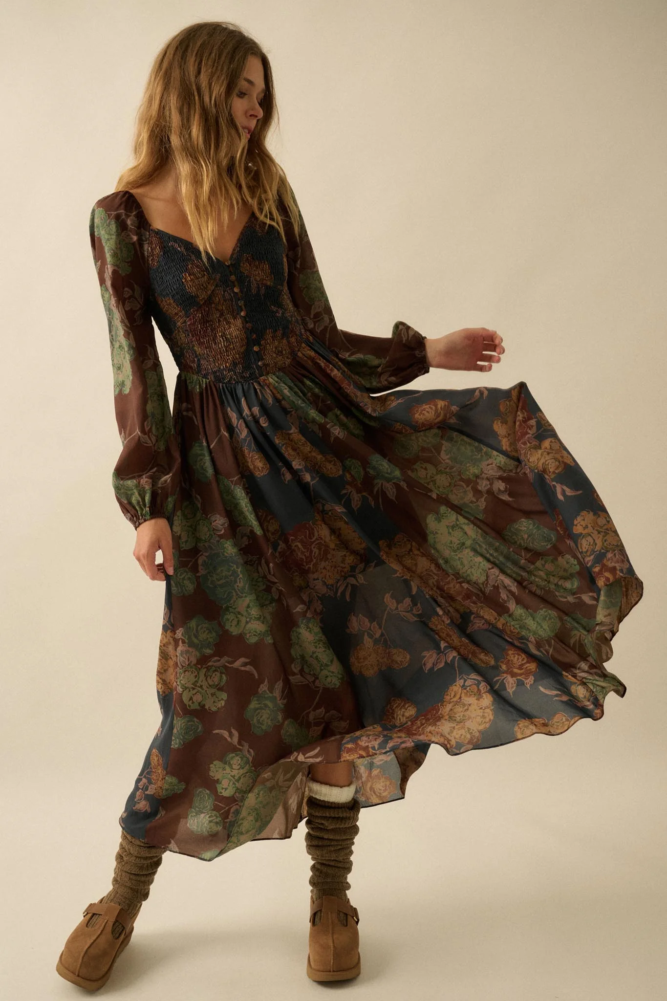 Beautiful Blooms Smocked Floral Maxi Peasant Dress - Image 4