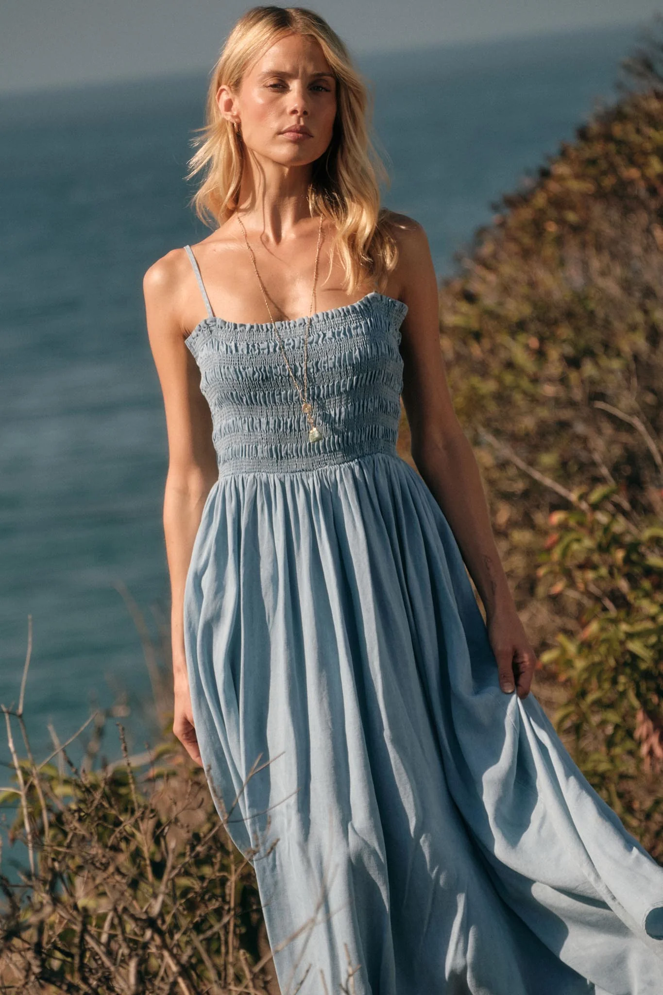 Beauty in Blue Smocked Denim Pocket Midi Dress - Image 2