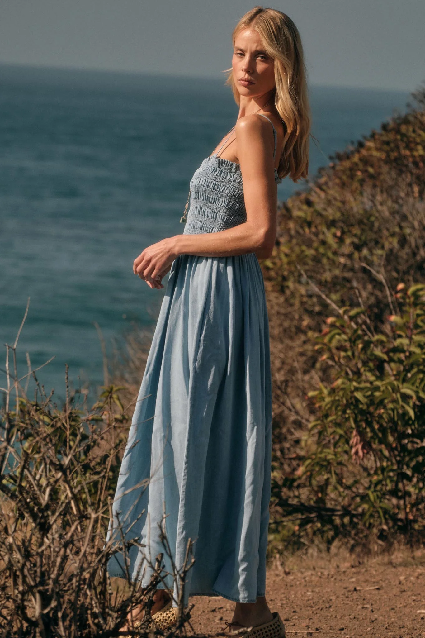 Beauty in Blue Smocked Denim Pocket Midi Dress - Image 3
