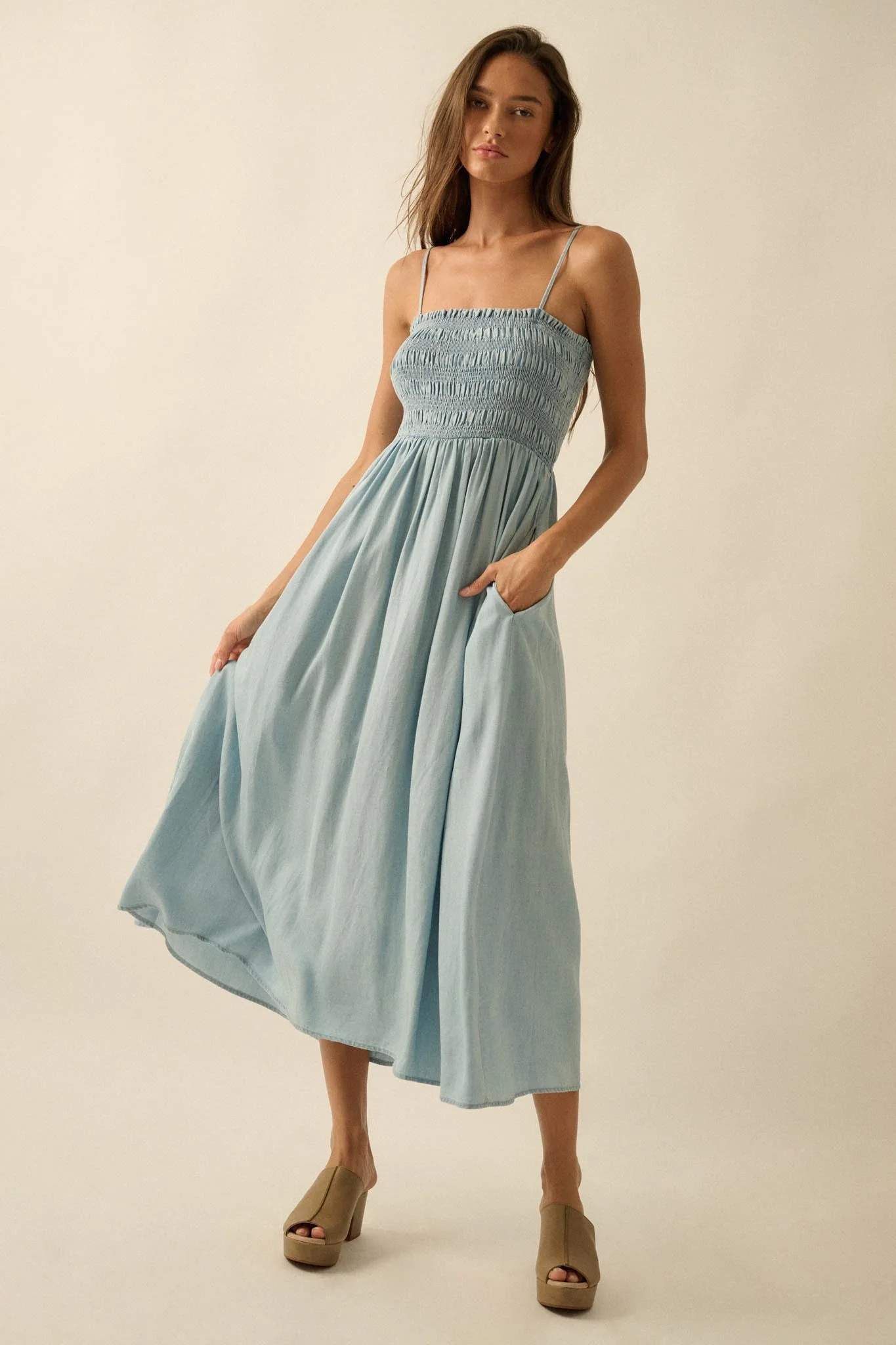 Beauty in Blue Smocked Denim Pocket Midi Dress - Image 4