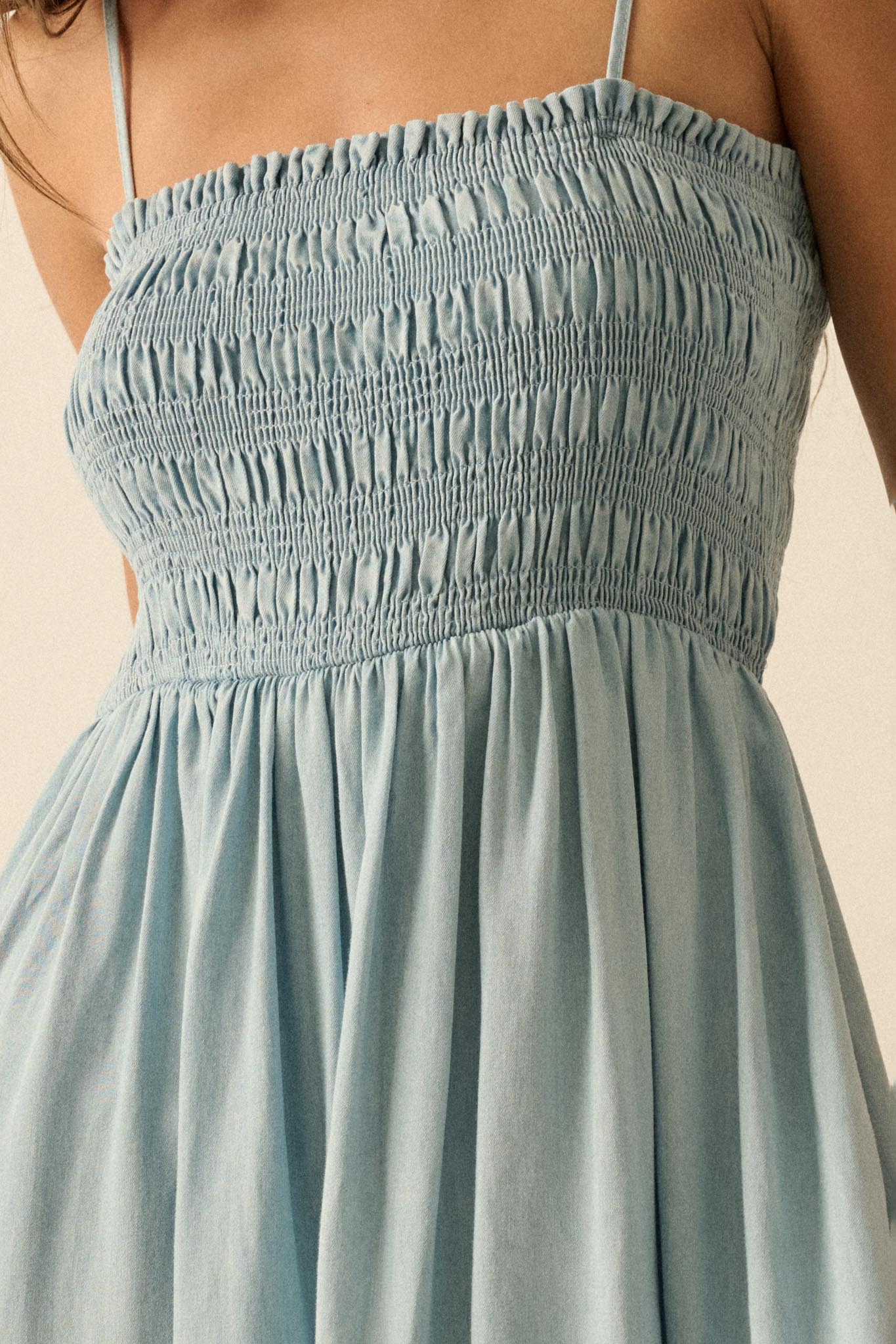 Beauty in Blue Smocked Denim Pocket Midi Dress - Image 5