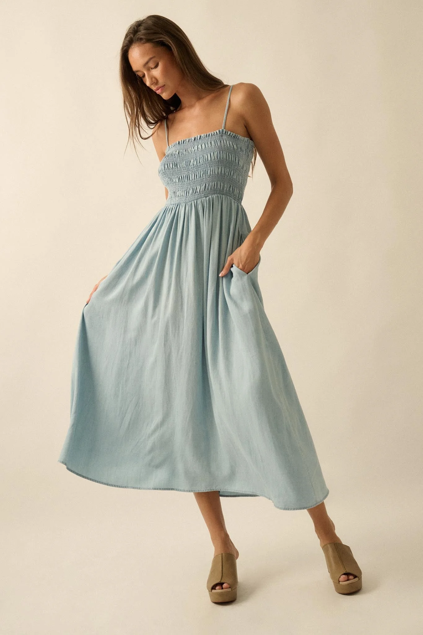 Beauty in Blue Smocked Denim Pocket Midi Dress - Image 6
