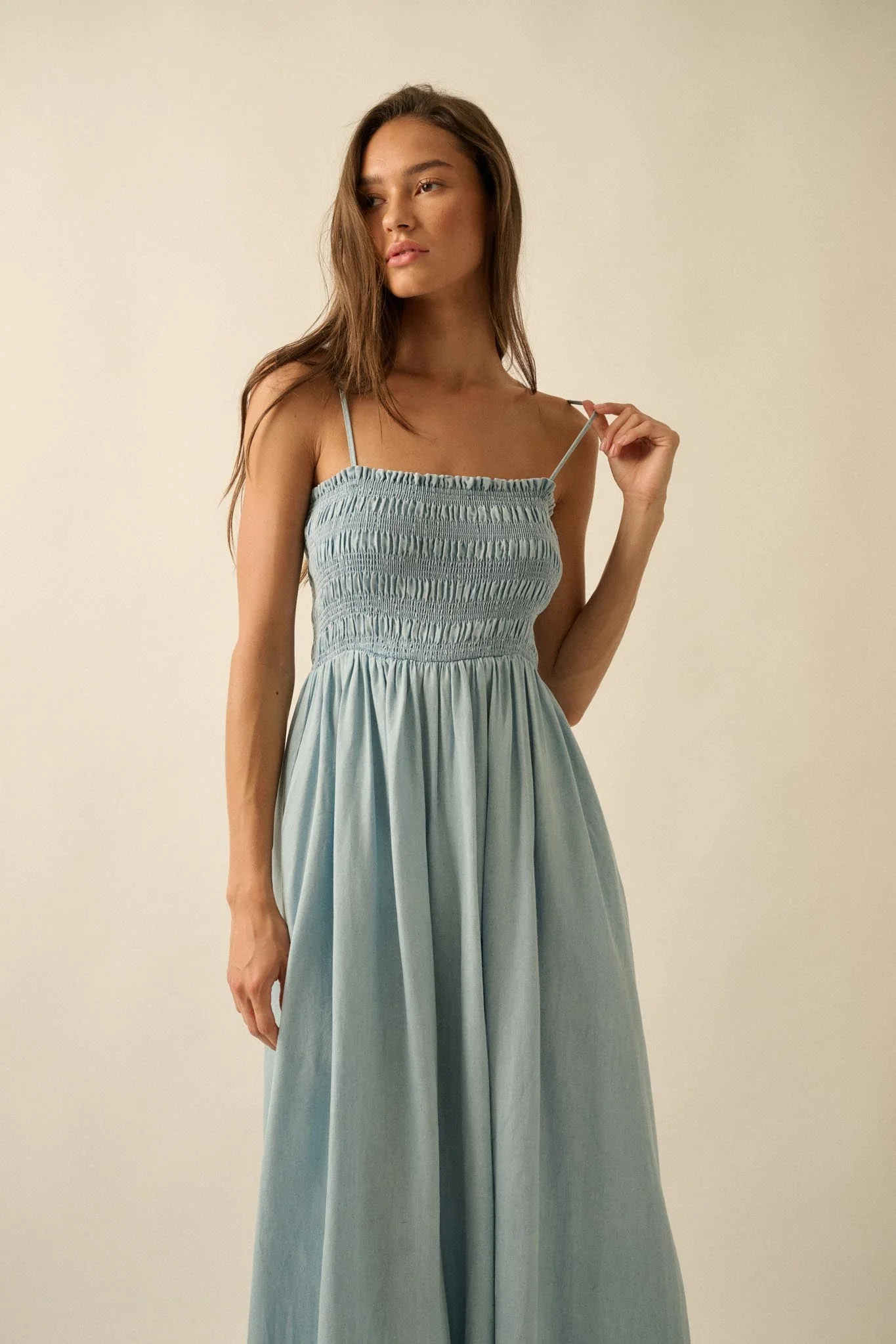 Beauty in Blue Smocked Denim Pocket Midi Dress - Image 7