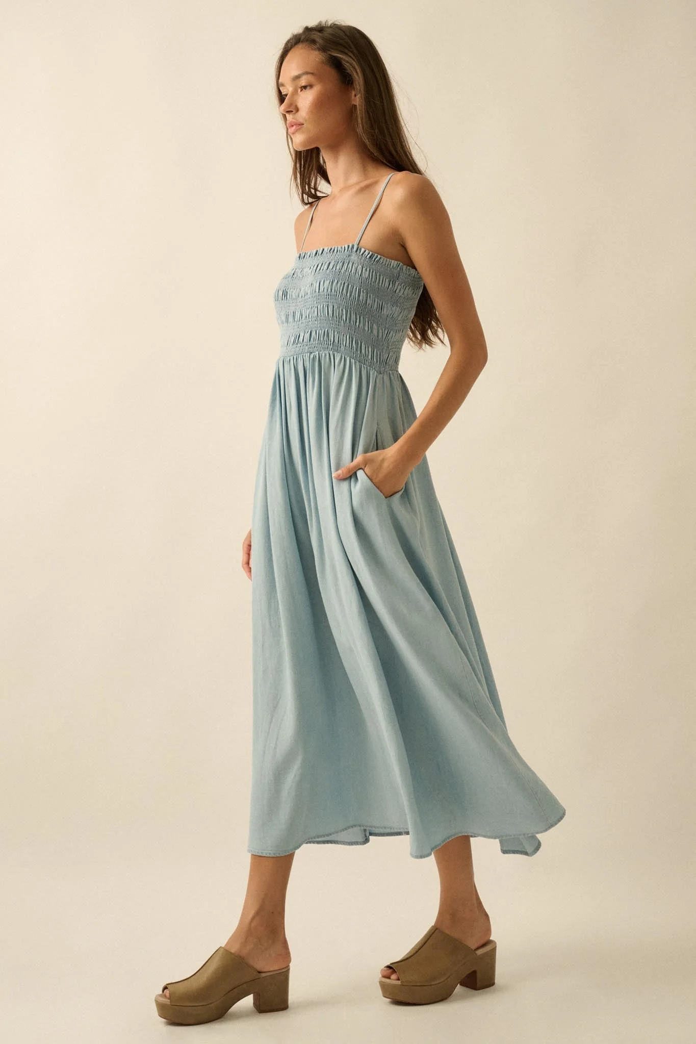Beauty in Blue Smocked Denim Pocket Midi Dress - Image 8