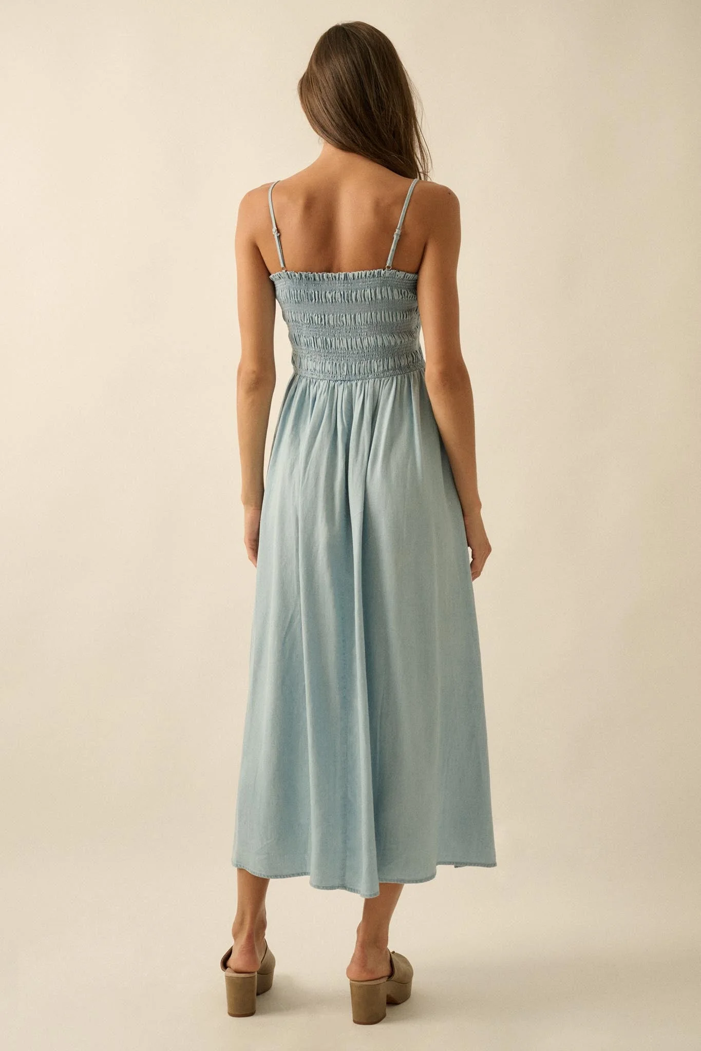Beauty in Blue Smocked Denim Pocket Midi Dress - Image 9