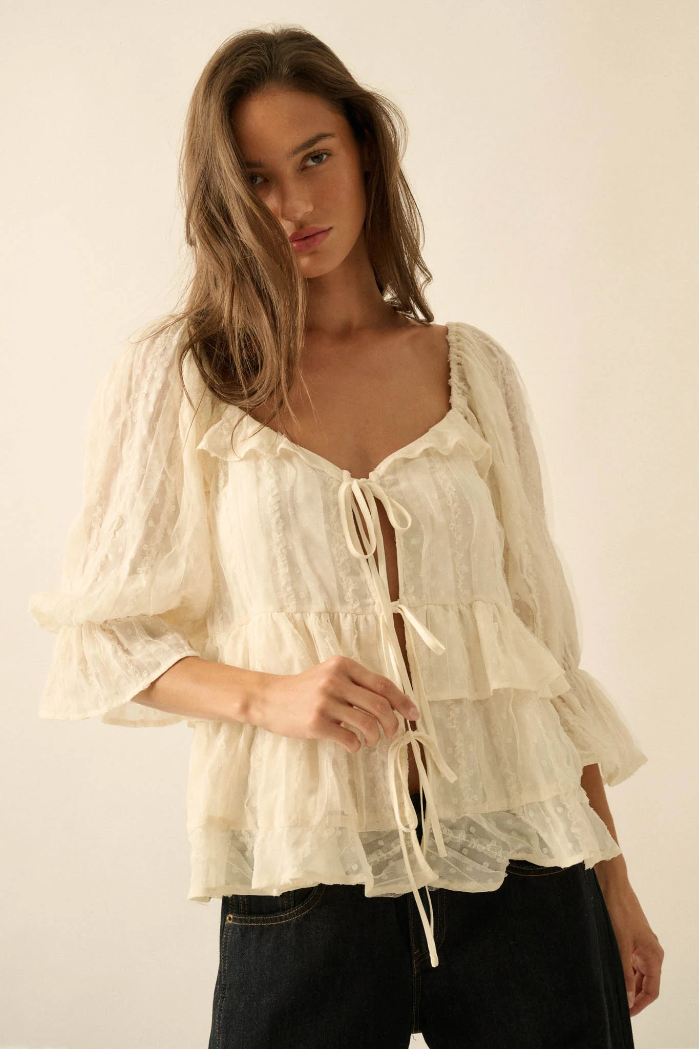 Beauty Spot Ruffled Swiss Dot Tie-Front Peasant Top - Image 7