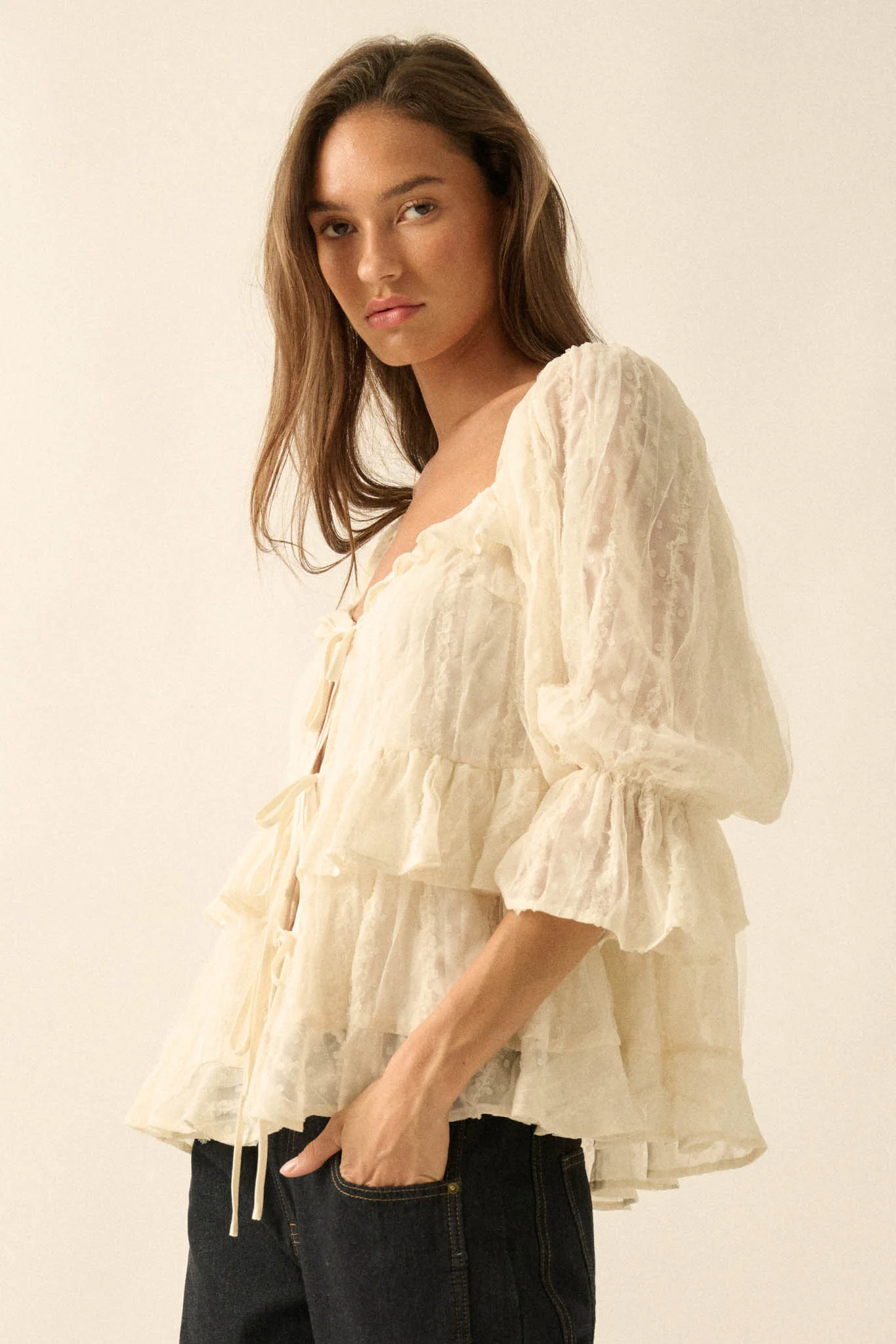 Beauty Spot Ruffled Swiss Dot Tie-Front Peasant Top - Image 8