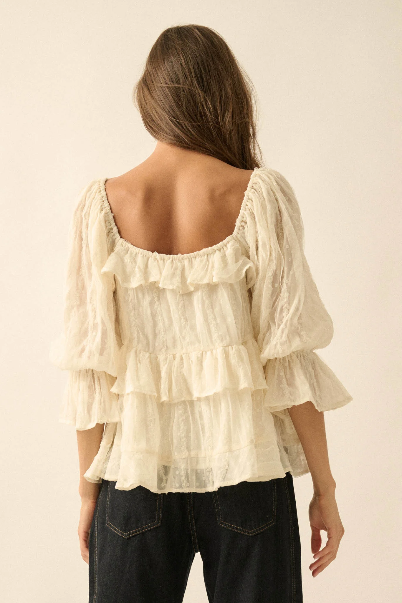 Beauty Spot Ruffled Swiss Dot Tie-Front Peasant Top - Image 9