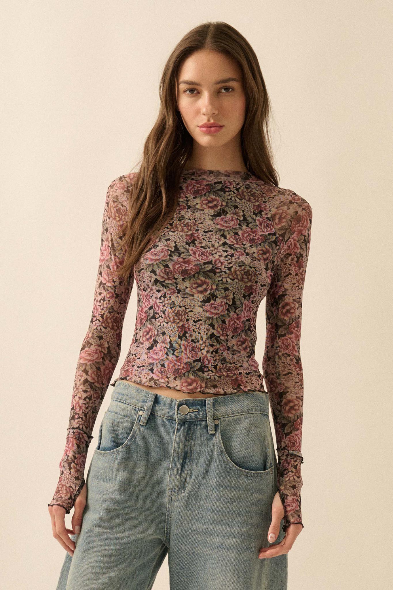 Bed of Roses Floral Mesh Mock-Neck Thumbhole Top - Image 10