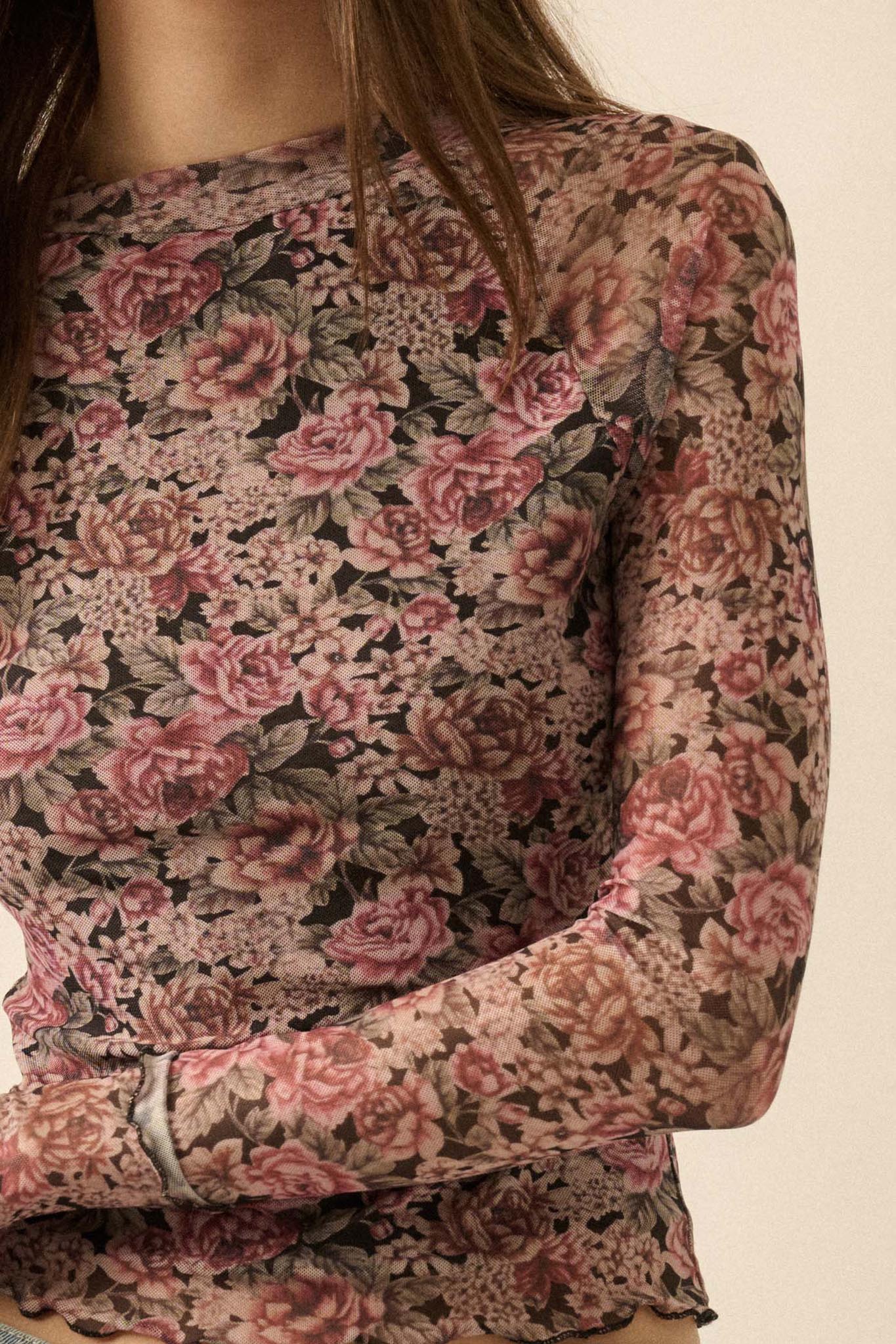 Bed of Roses Floral Mesh Mock-Neck Thumbhole Top - Image 11