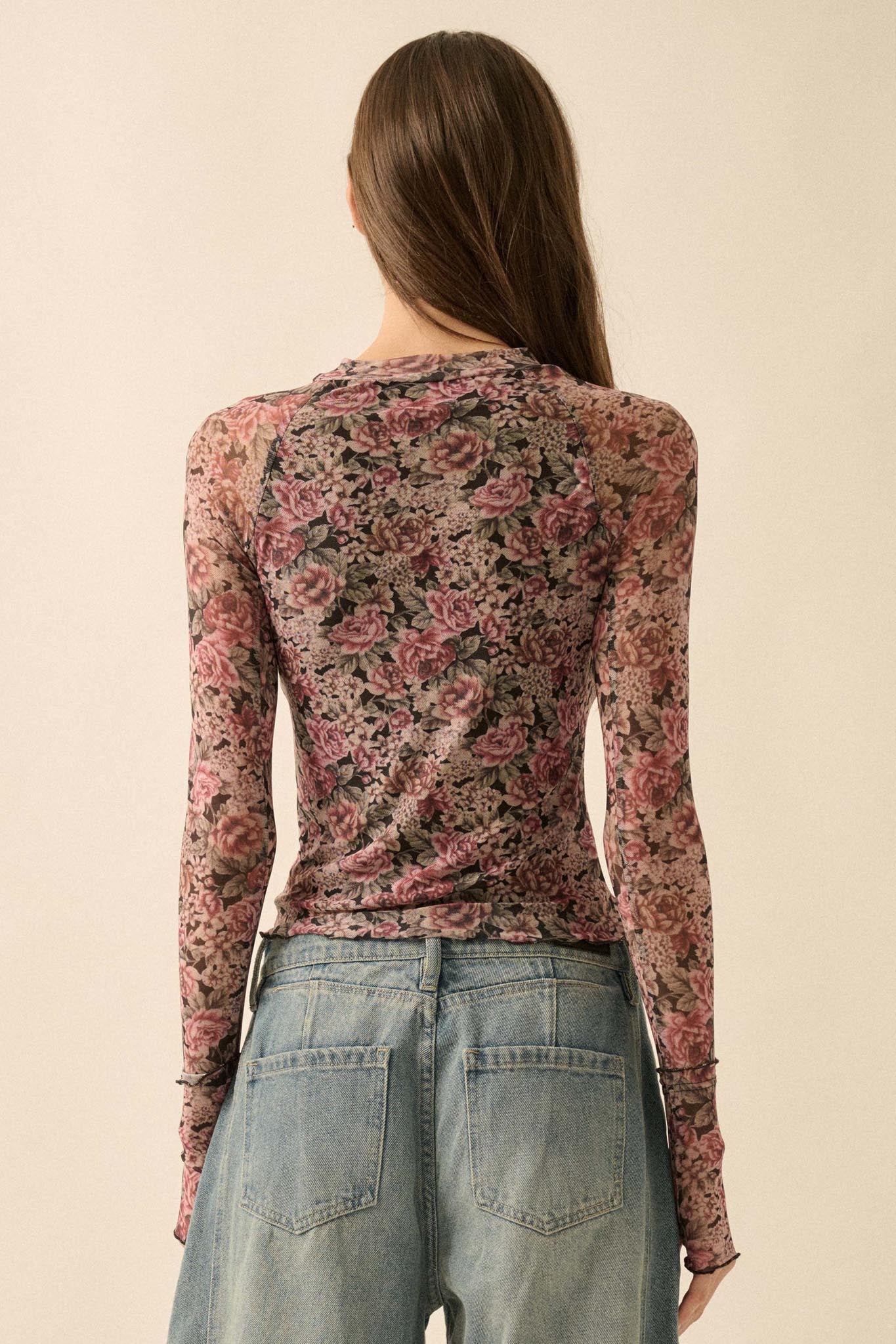 Bed of Roses Floral Mesh Mock-Neck Thumbhole Top - Image 15