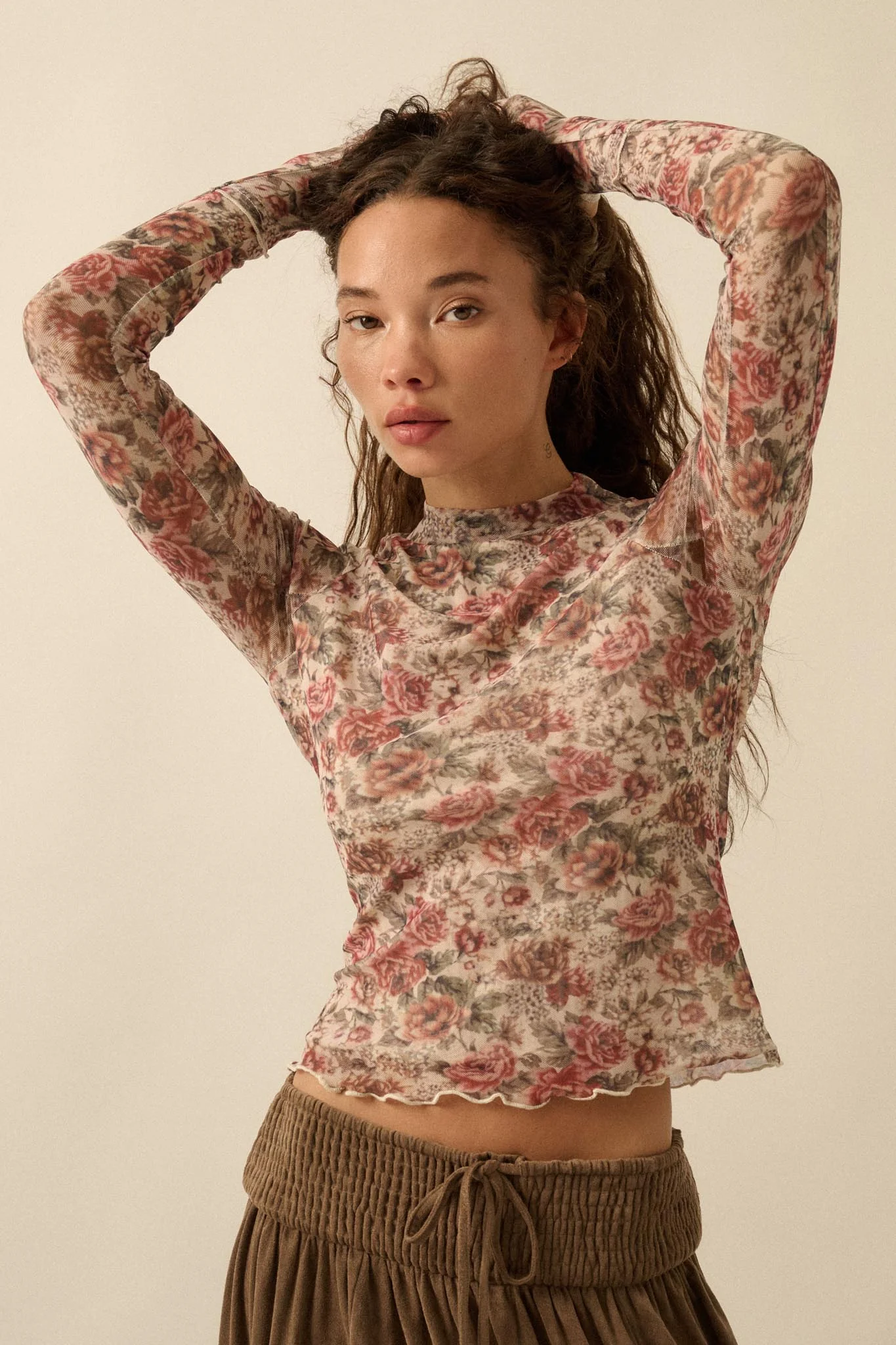 Bed of Roses Floral Mesh Mock-Neck Thumbhole Top - Image 4