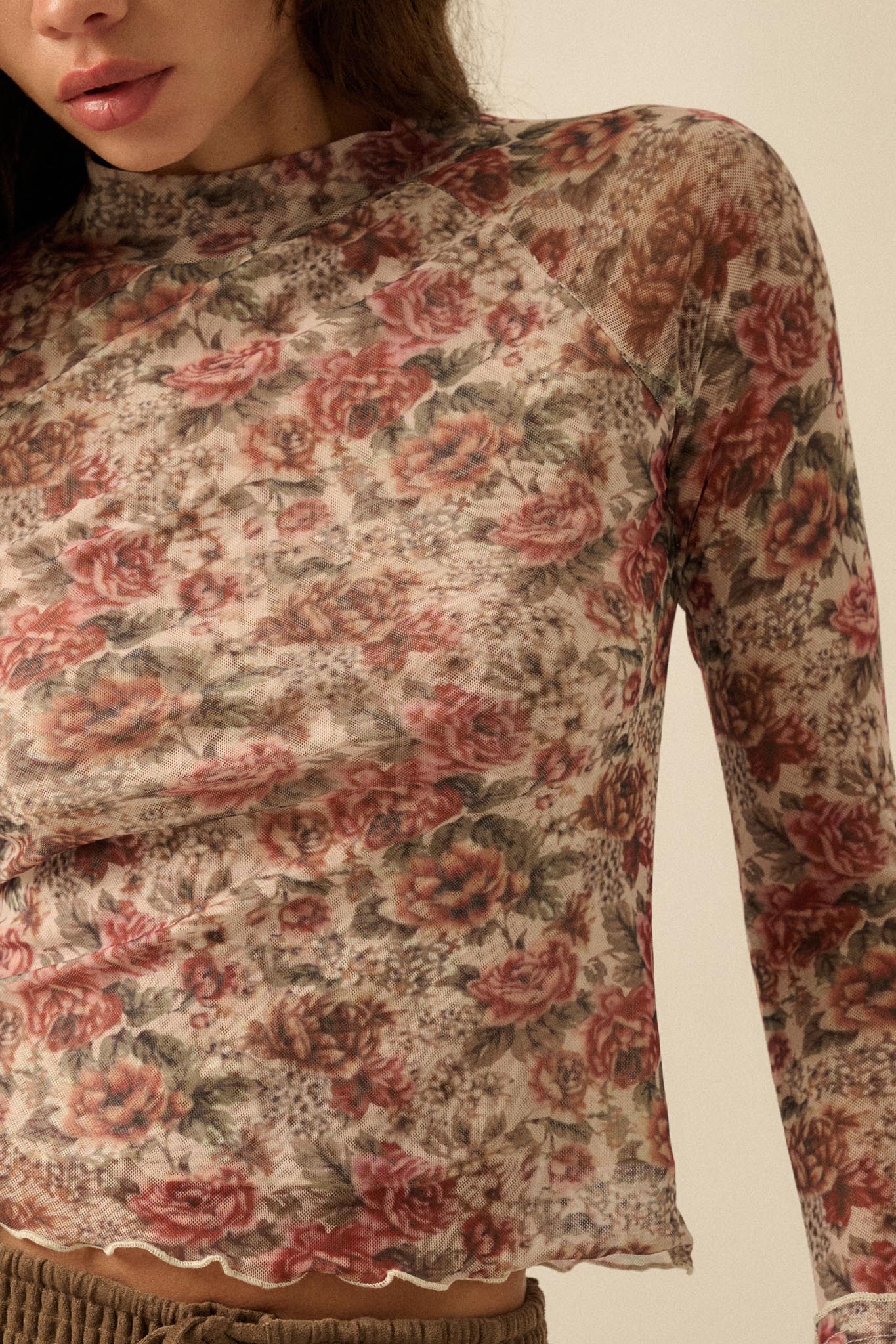 Bed of Roses Floral Mesh Mock-Neck Thumbhole Top - Image 5