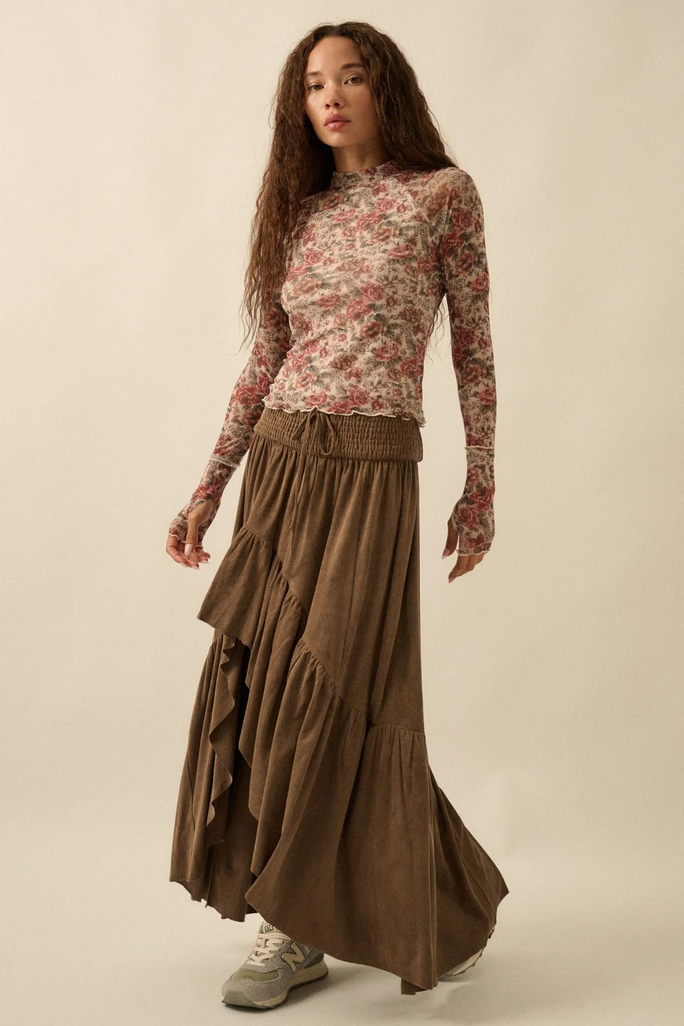 Bed of Roses Floral Mesh Mock-Neck Thumbhole Top - Image 6