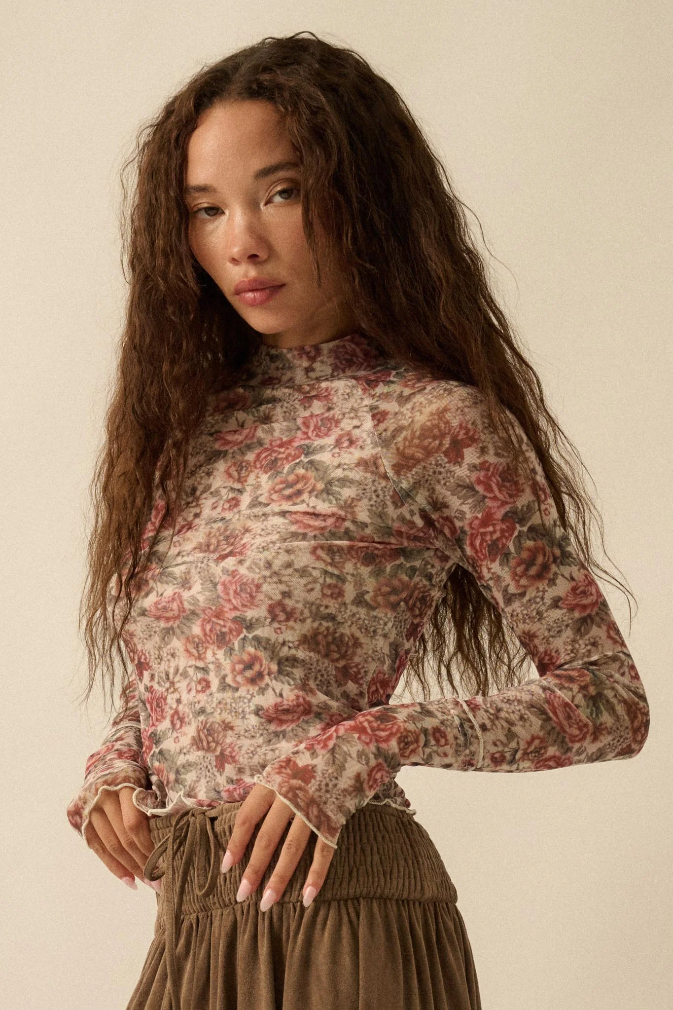 Bed of Roses Floral Mesh Mock-Neck Thumbhole Top - Image 8