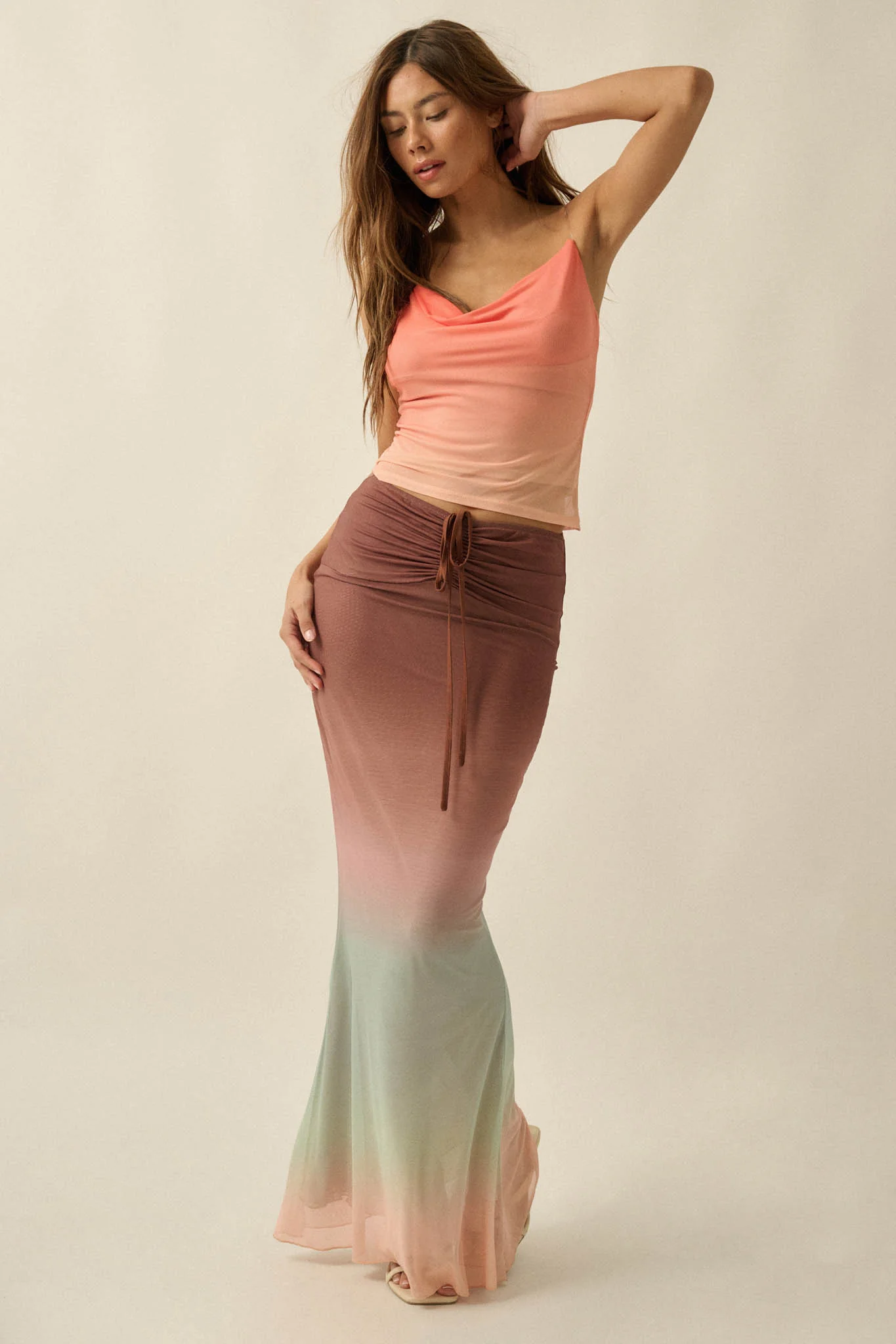 Before Sunset Ombre Mesh Ruched Mermaid Maxi Skirt
