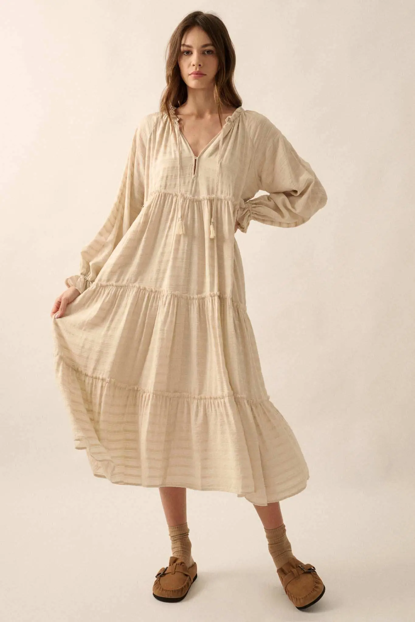Begin Again Tiered Tonal-Stripe Midi Prairie Dress - Image 4
