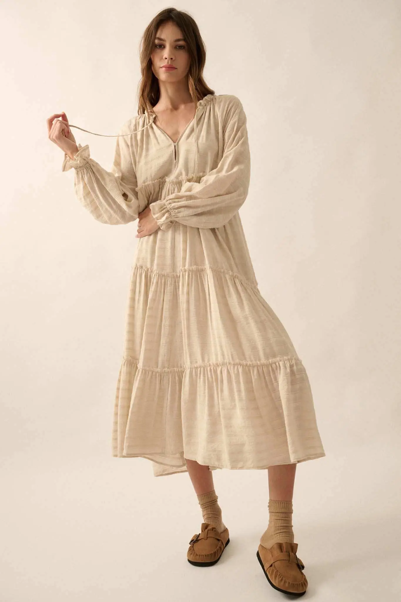 Begin Again Tiered Tonal-Stripe Midi Prairie Dress - Image 6