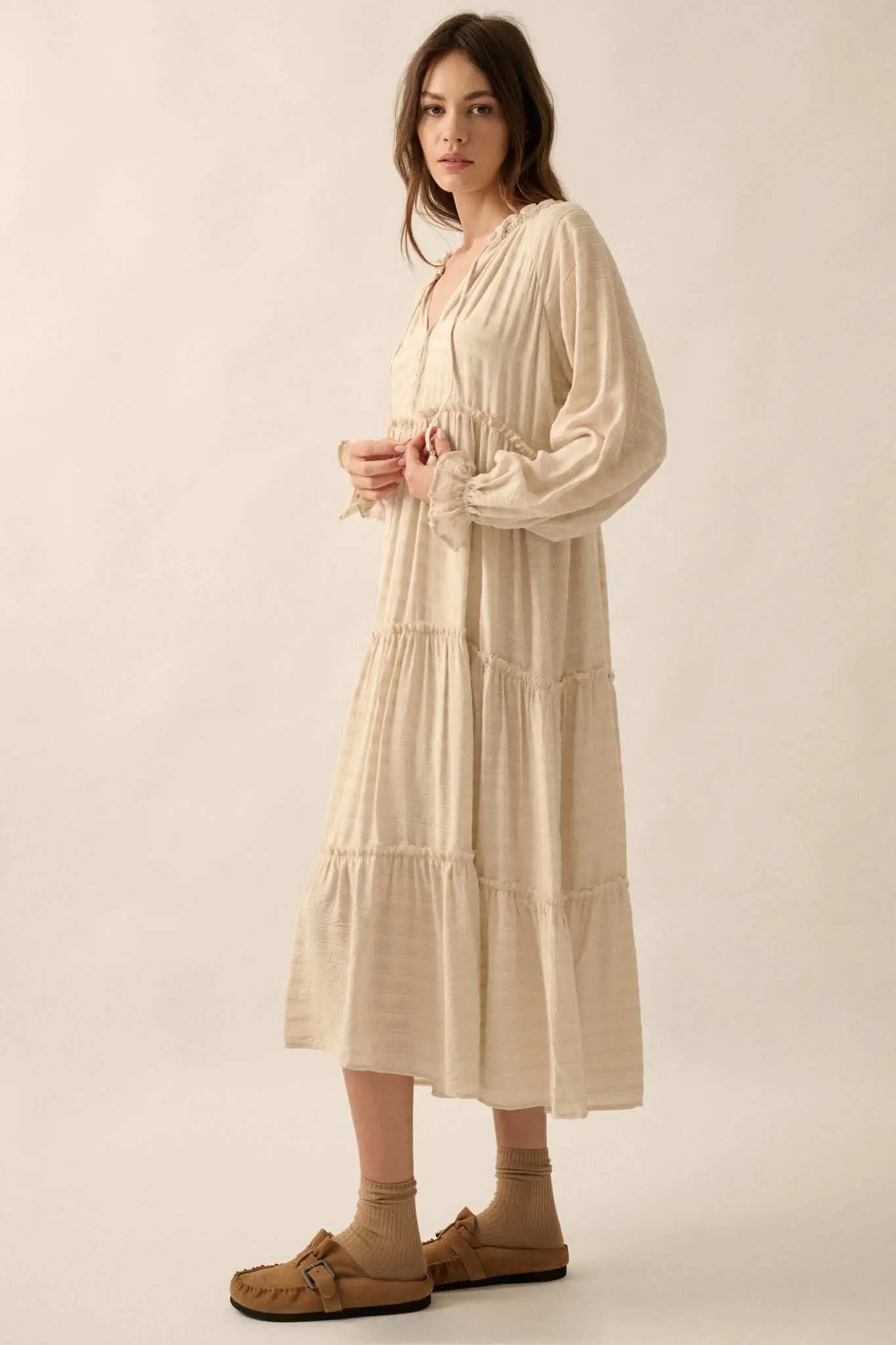 Begin Again Tiered Tonal-Stripe Midi Prairie Dress - Image 8