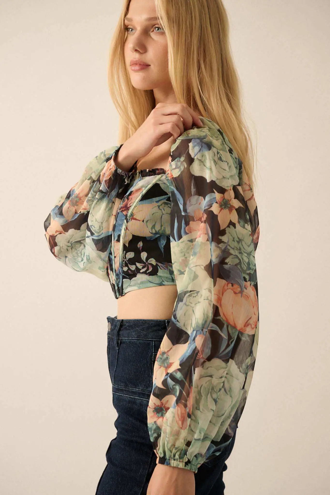 Belle Blossoms Floral Chiffon Cropped Corset Top - Image 6