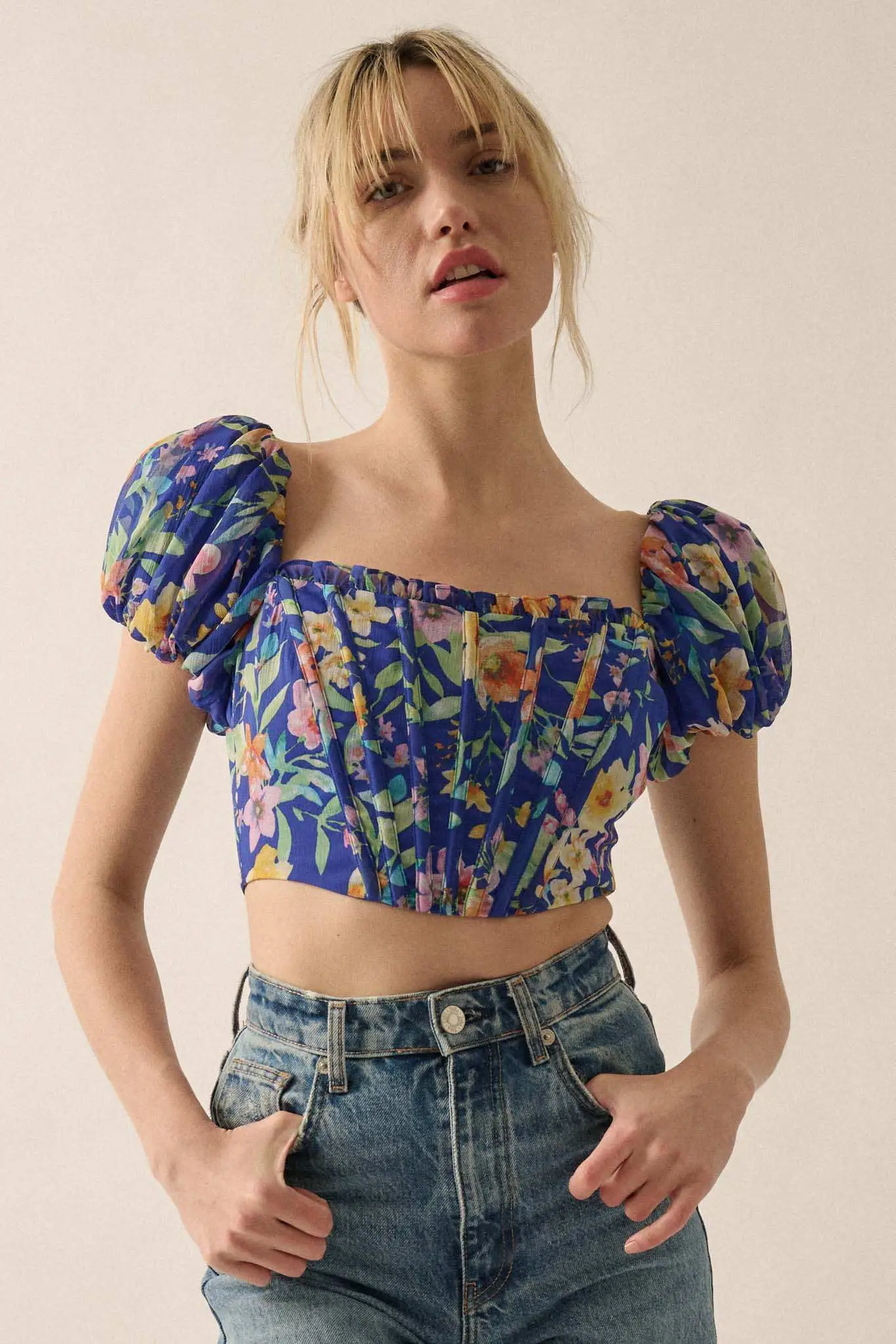 Bermuda Babe Floral Chiffon Puff-Sleeve Corset Top - Image 2