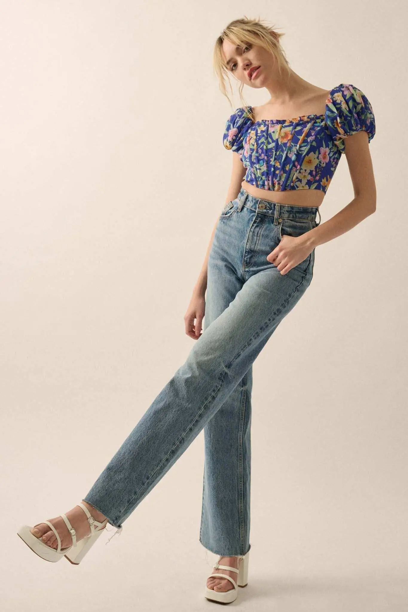 Bermuda Babe Floral Chiffon Puff-Sleeve Corset Top - Image 3