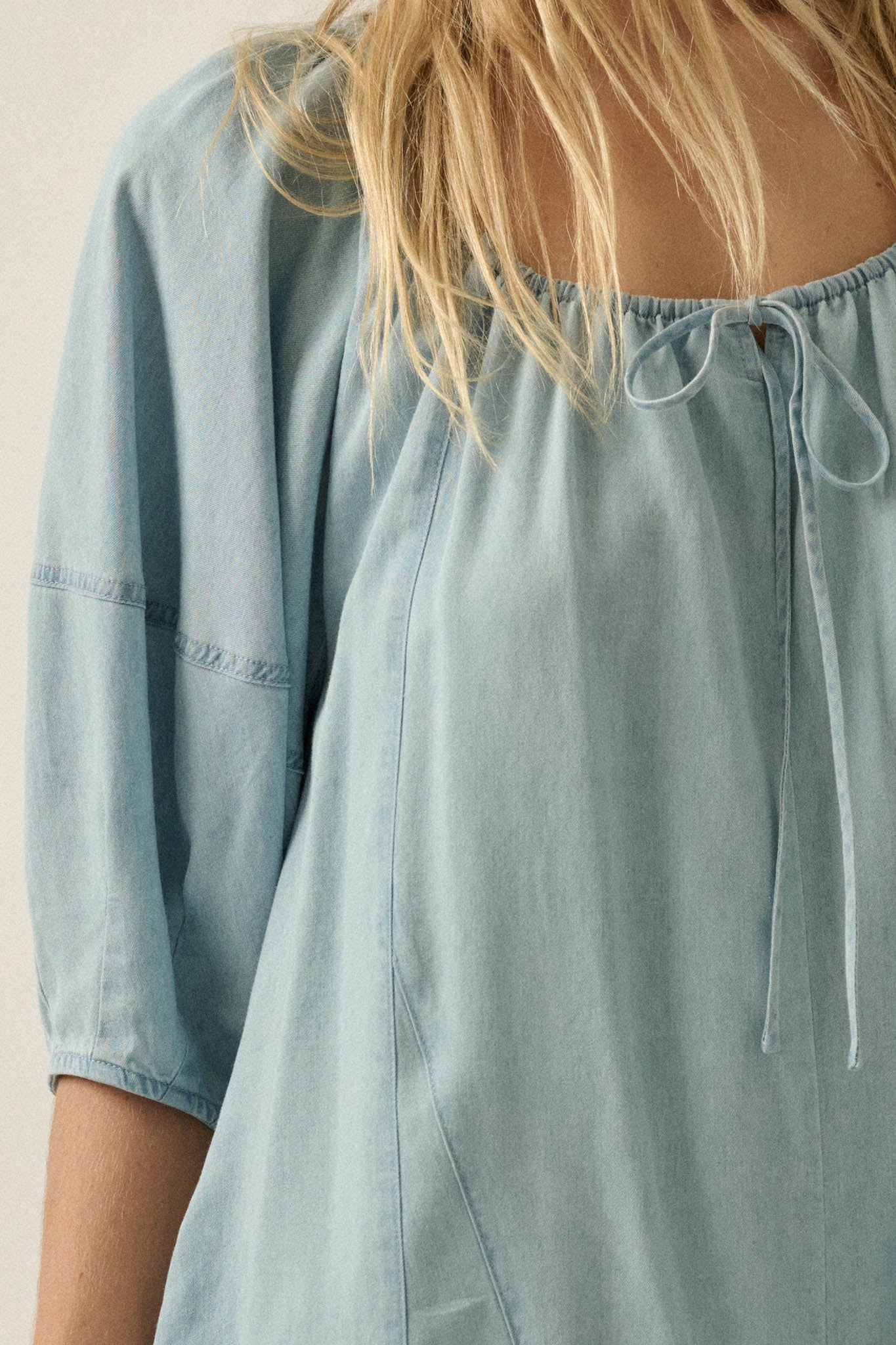 Beyond the Clouds Denim Puff-Sleeve Babydoll Romper - Image 4