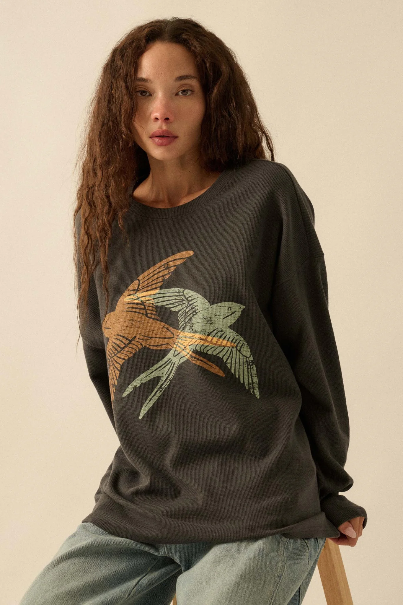 Birds of a Feather Oversize Thermal Graphic Top