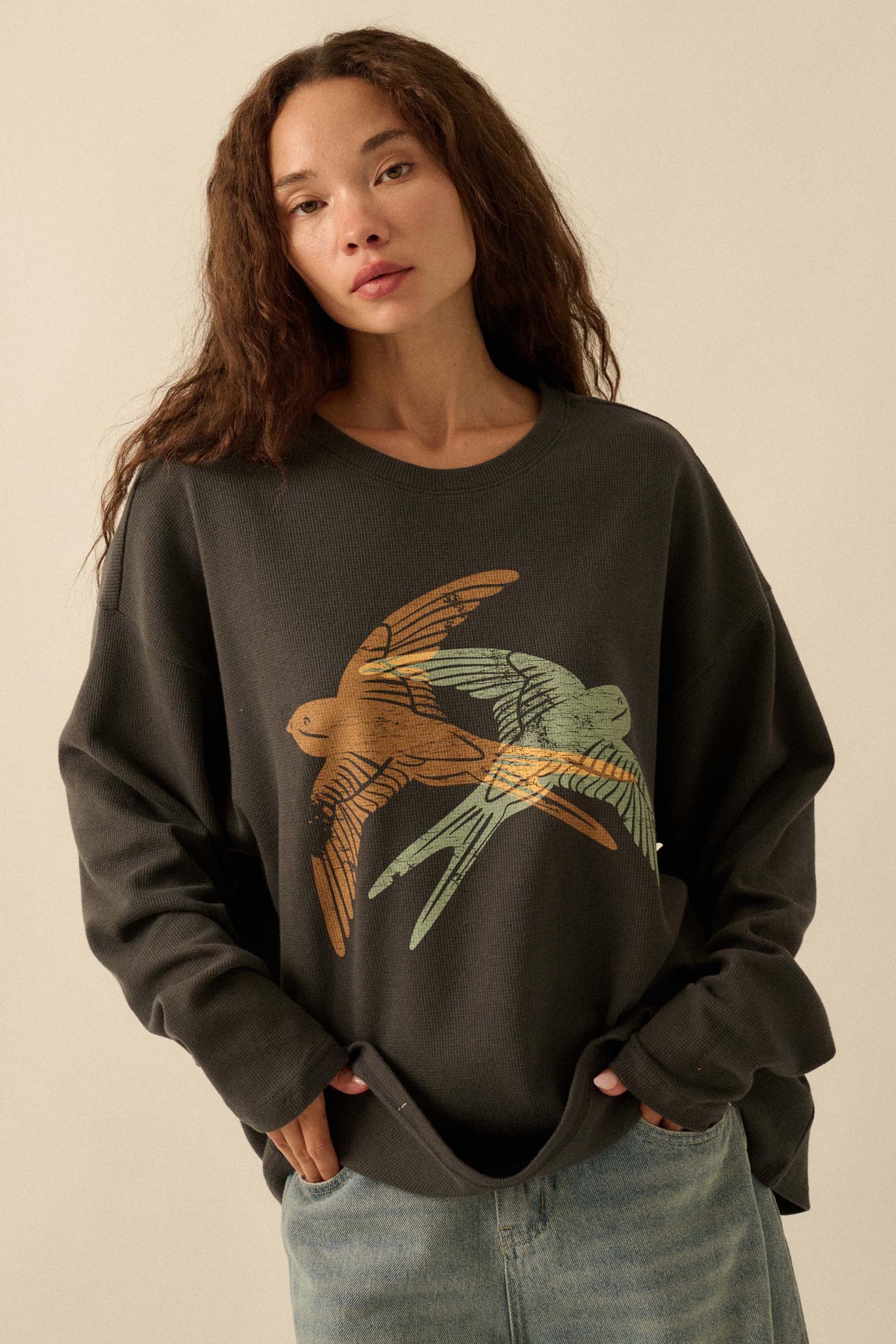 Birds of a Feather Oversize Thermal Graphic Top - Image 4