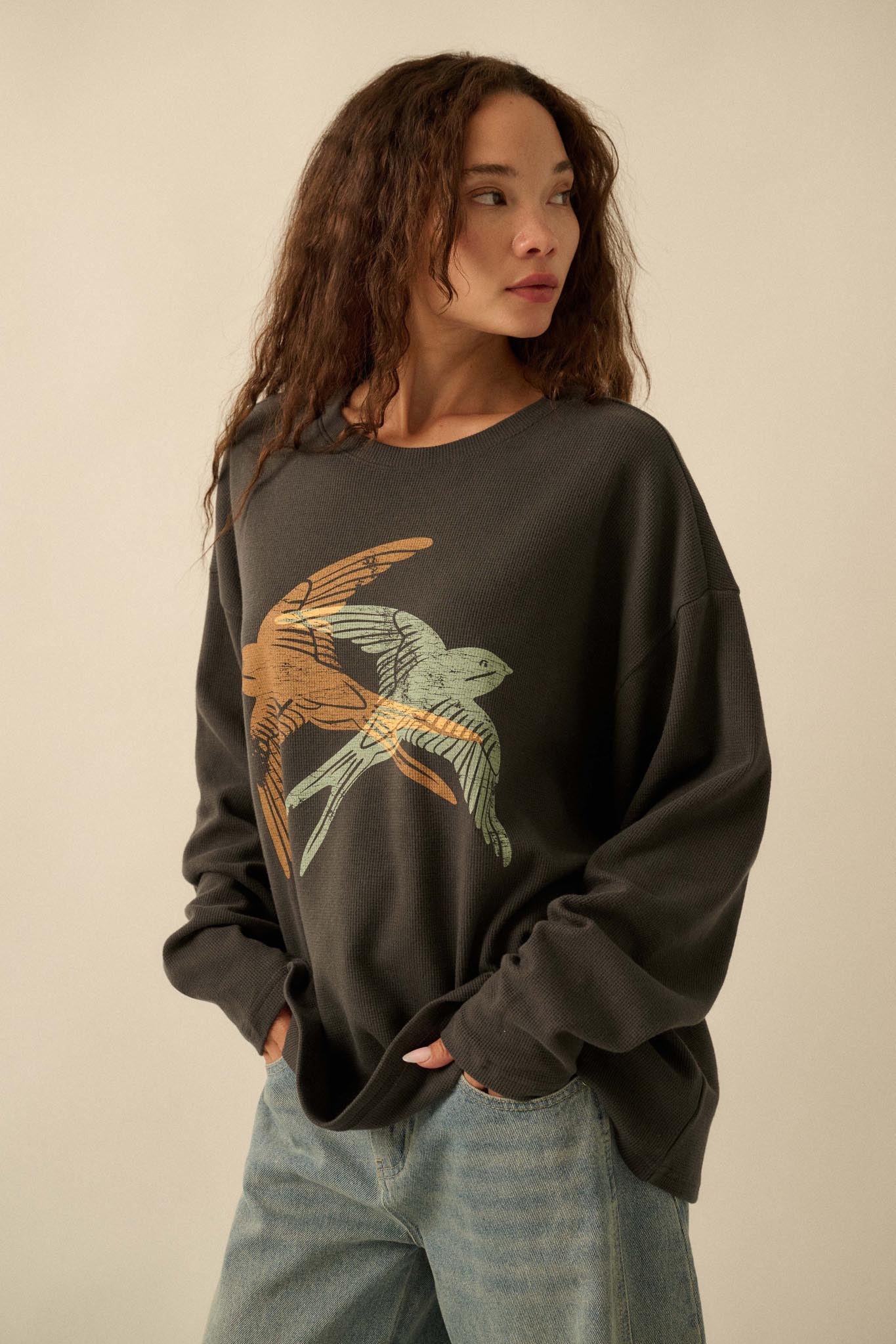 Birds of a Feather Oversize Thermal Graphic Top - Image 5