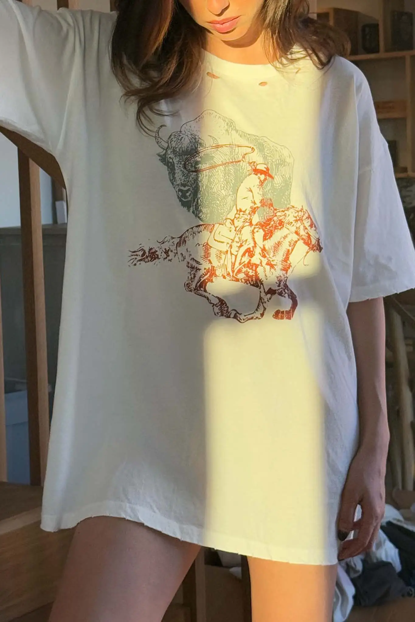 Bison Wrangler Distressed Oversize Graphic Tee - Image 2