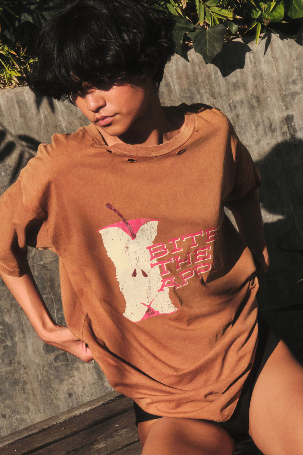 Bite the Apple Distressed Oversize Graphic Tee