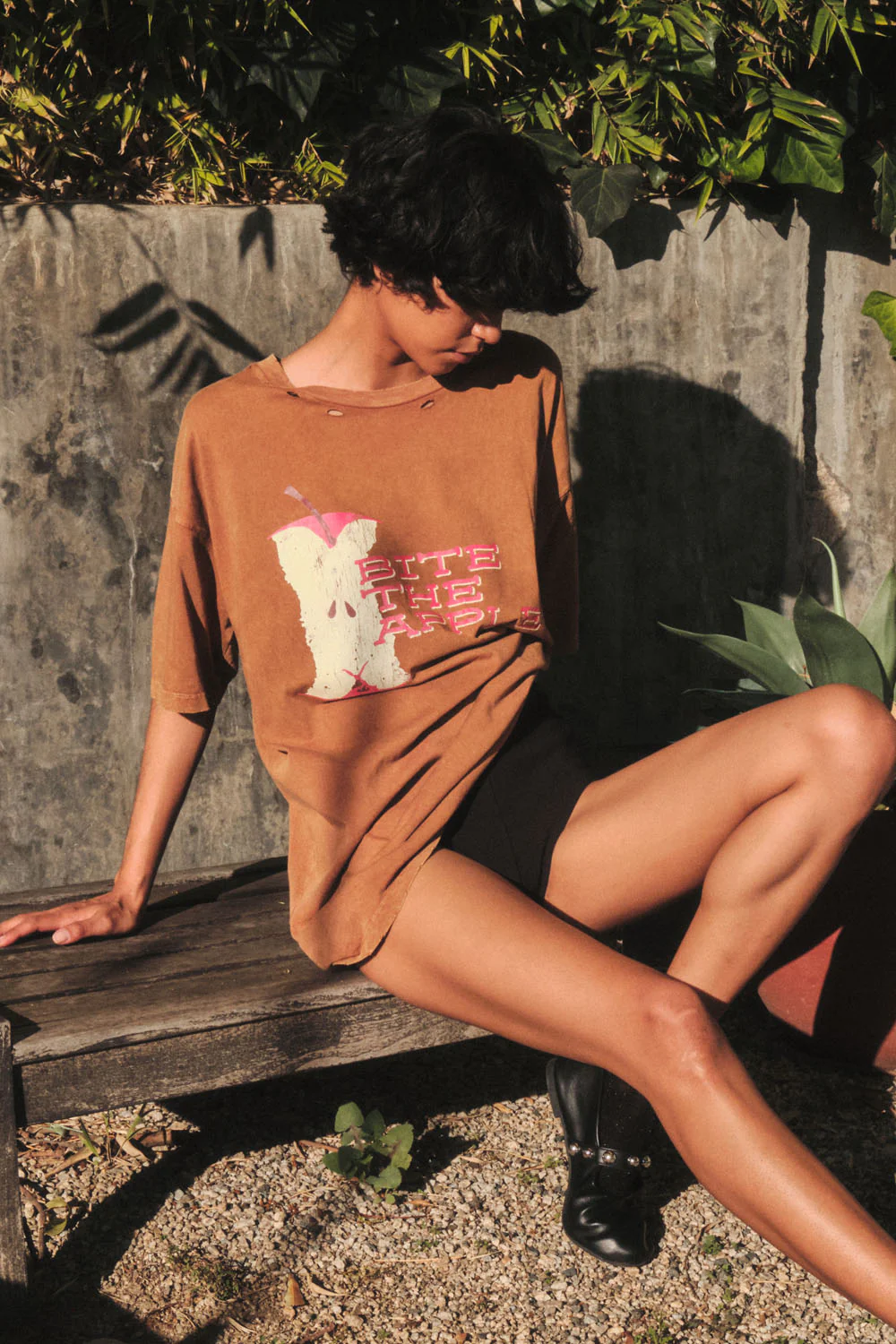 Bite the Apple Distressed Oversize Graphic Tee - Image 2