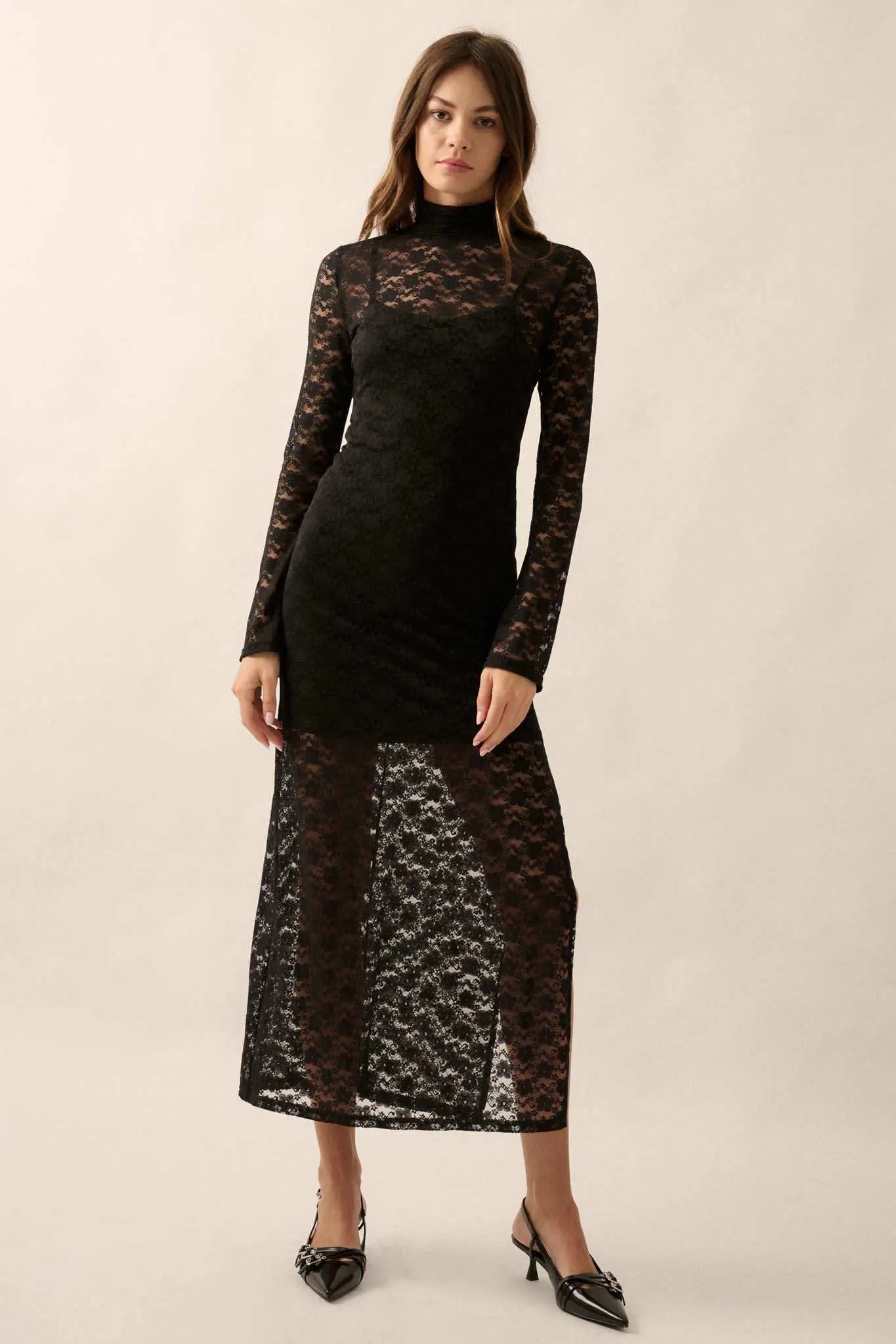 Black Honey Floral Lace Mock-Neck Midi Dress - Image 3