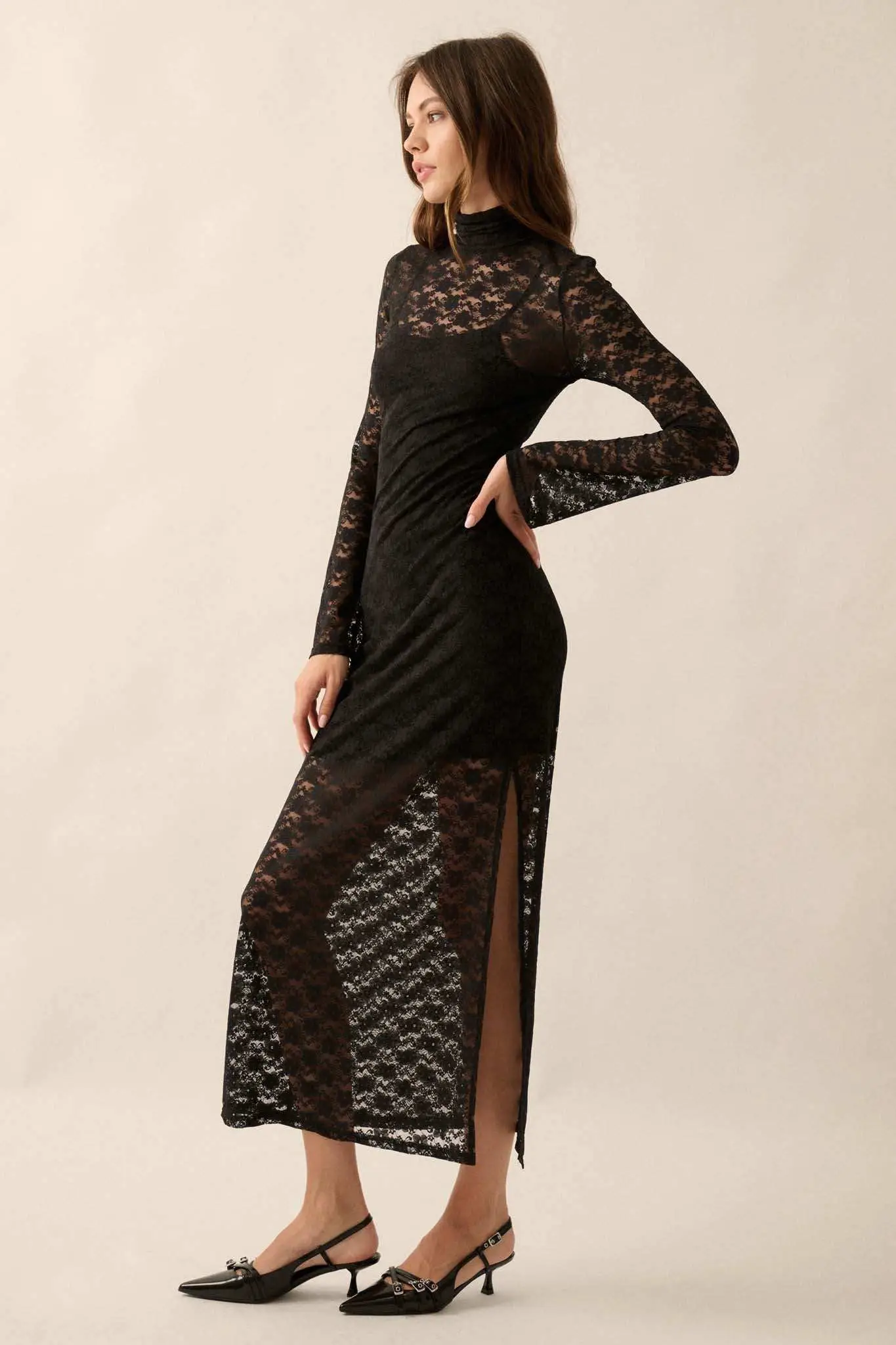 Black Honey Floral Lace Mock-Neck Midi Dress - Image 5