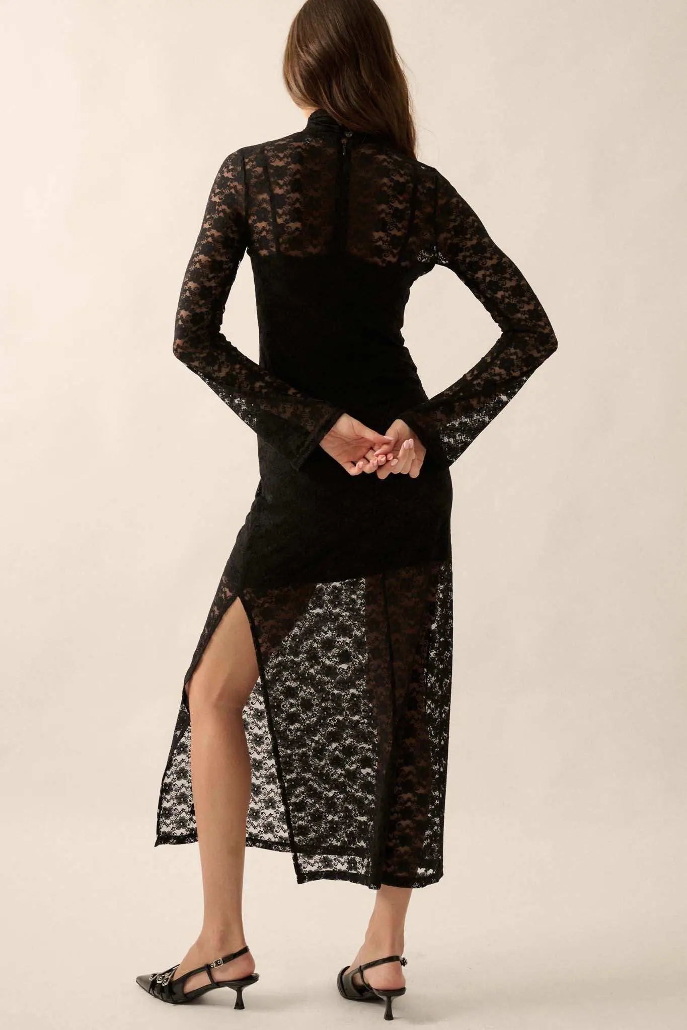 Black Honey Floral Lace Mock-Neck Midi Dress - Image 6