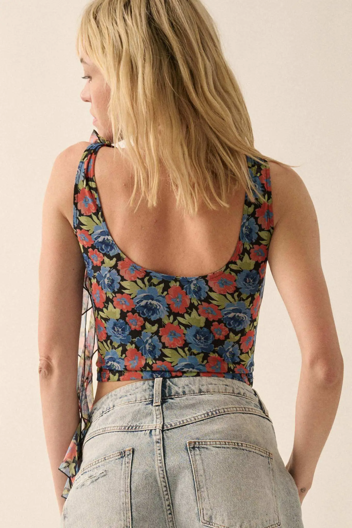 Bloom All Night Floral Mesh Ruffle Tie-Strap Top - Image 2