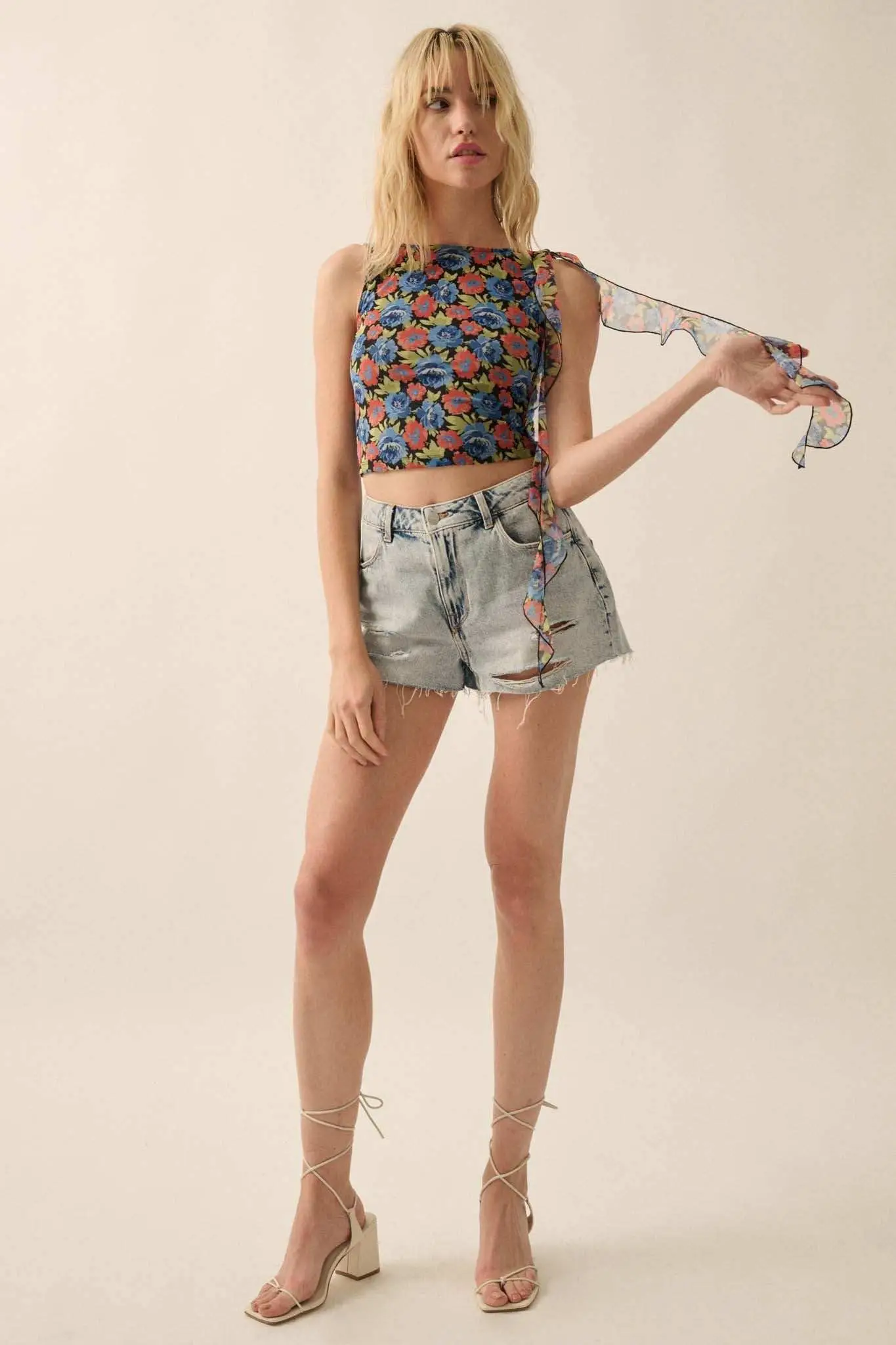 Bloom All Night Floral Mesh Ruffle Tie-Strap Top - Image 5