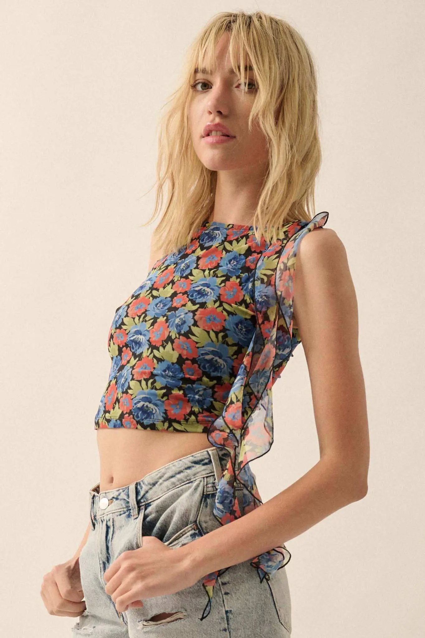 Bloom All Night Floral Mesh Ruffle Tie-Strap Top - Image 6