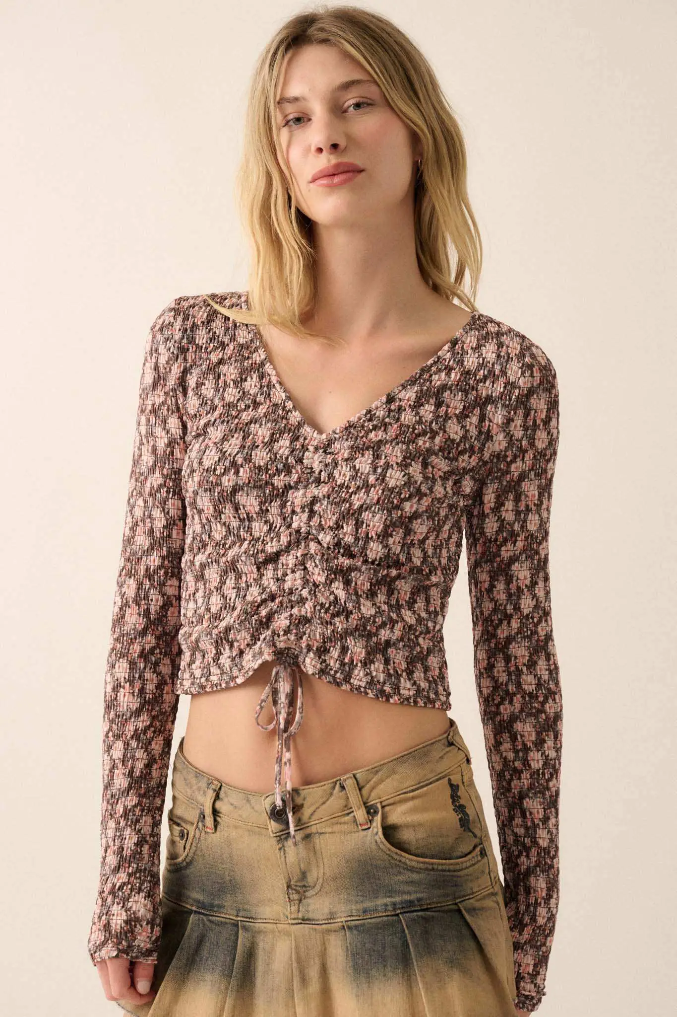 Bloom Boom Smocked Floral Mesh Drawstring Top - Image 13