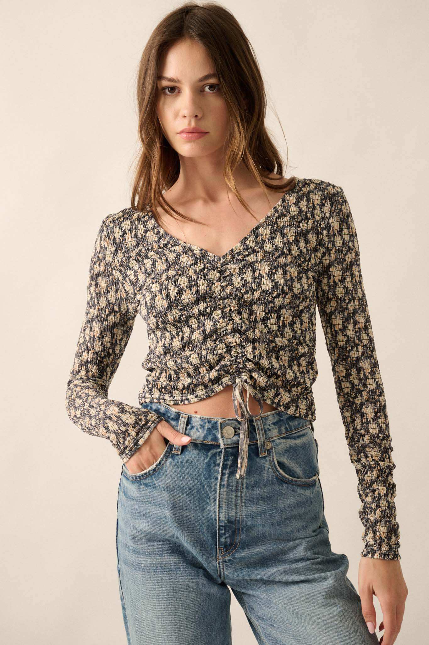 Bloom Boom Smocked Floral Mesh Drawstring Top - Image 4