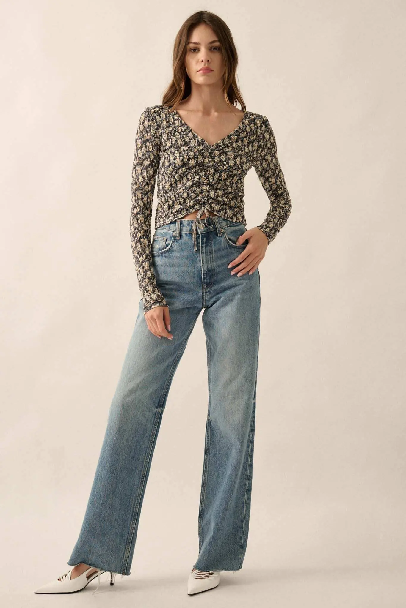 Bloom Boom Smocked Floral Mesh Drawstring Top - Image 6
