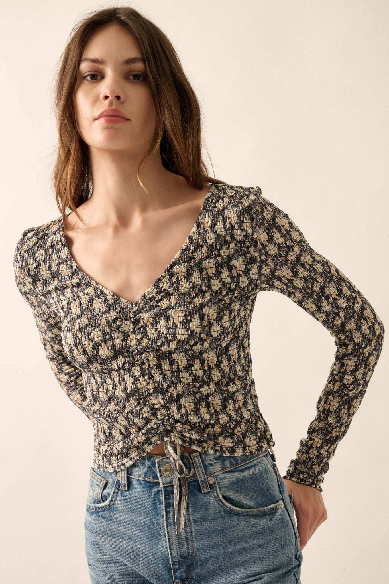 Bloom Boom Smocked Floral Mesh Drawstring Top - Image 7