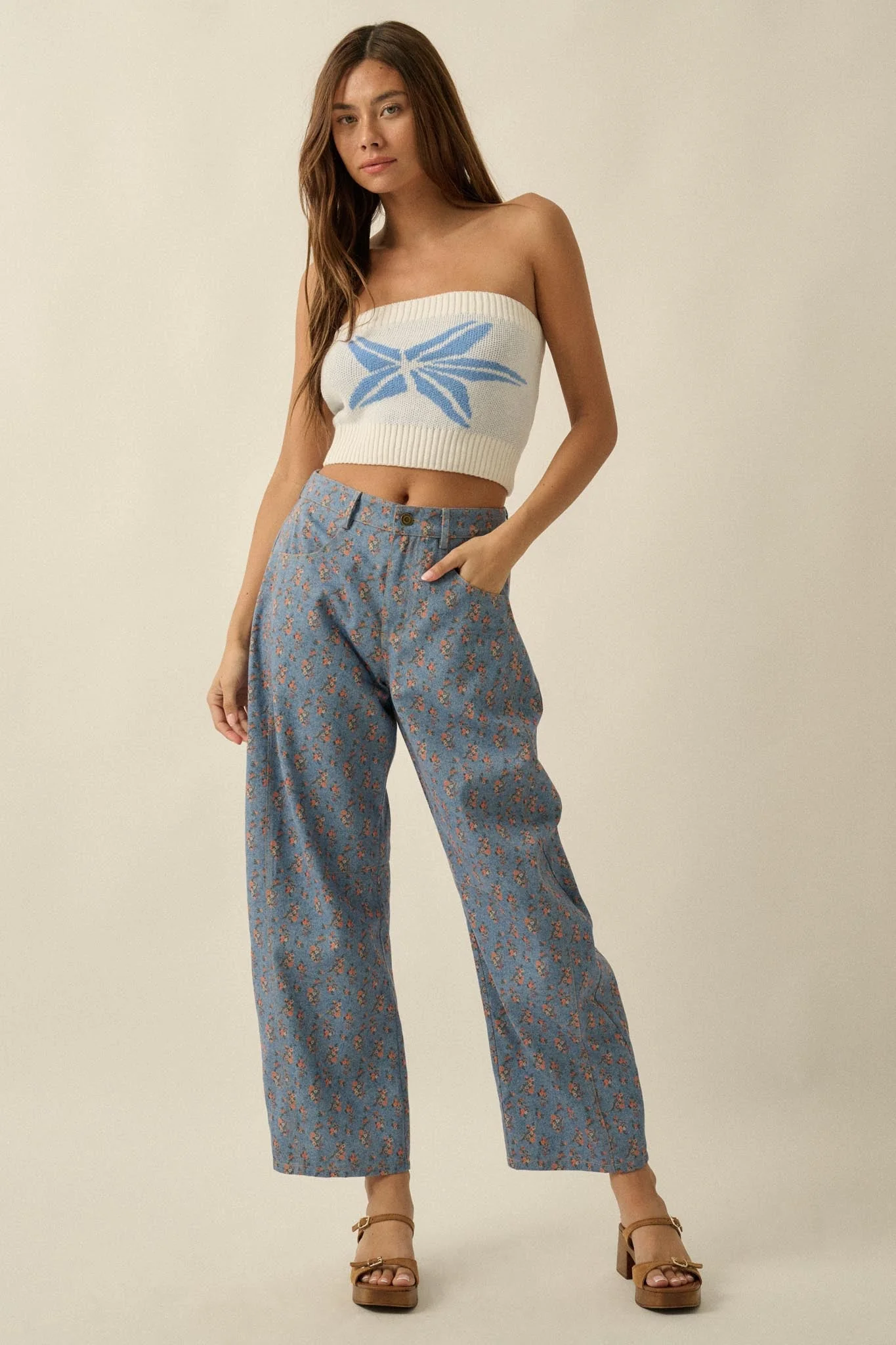 Blooming Blues Floral-Print Denim Barrel Jeans - Image 4