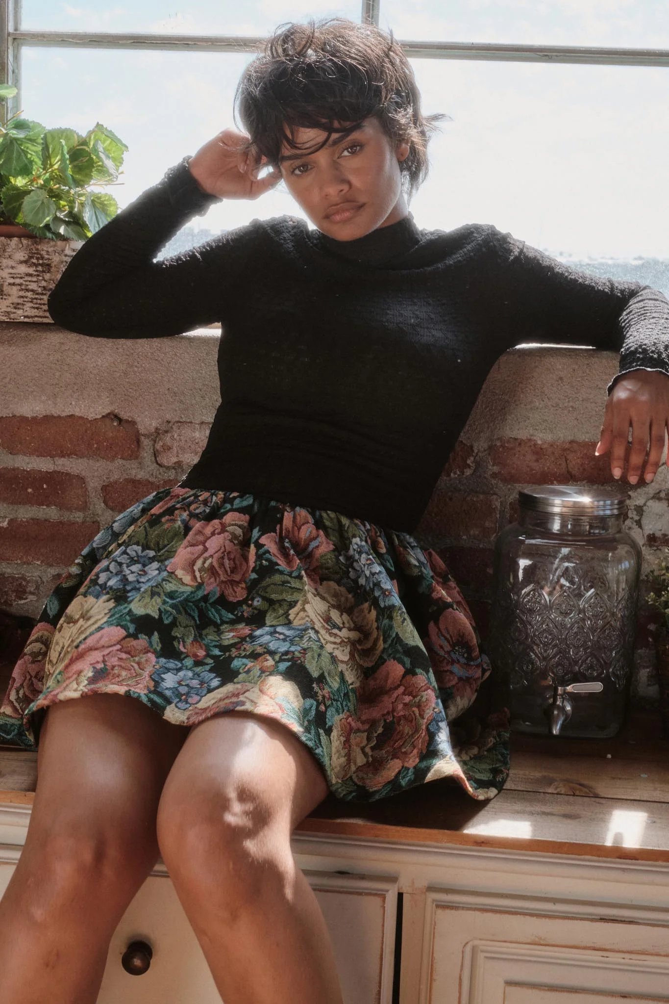 Blooming Brocade Knit and Floral Tapestry Mini Dress