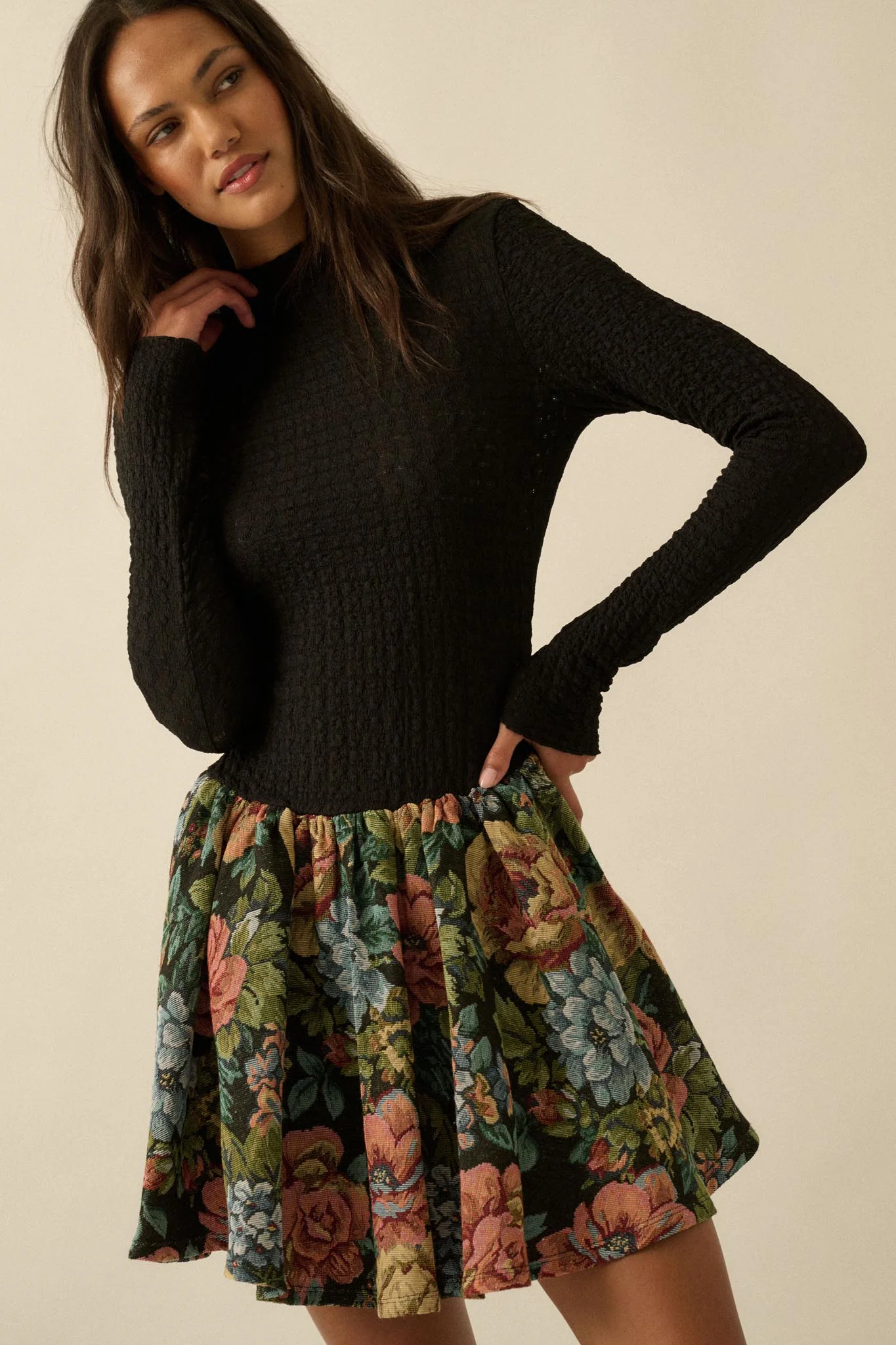 Blooming Brocade Knit and Floral Tapestry Mini Dress - Image 4